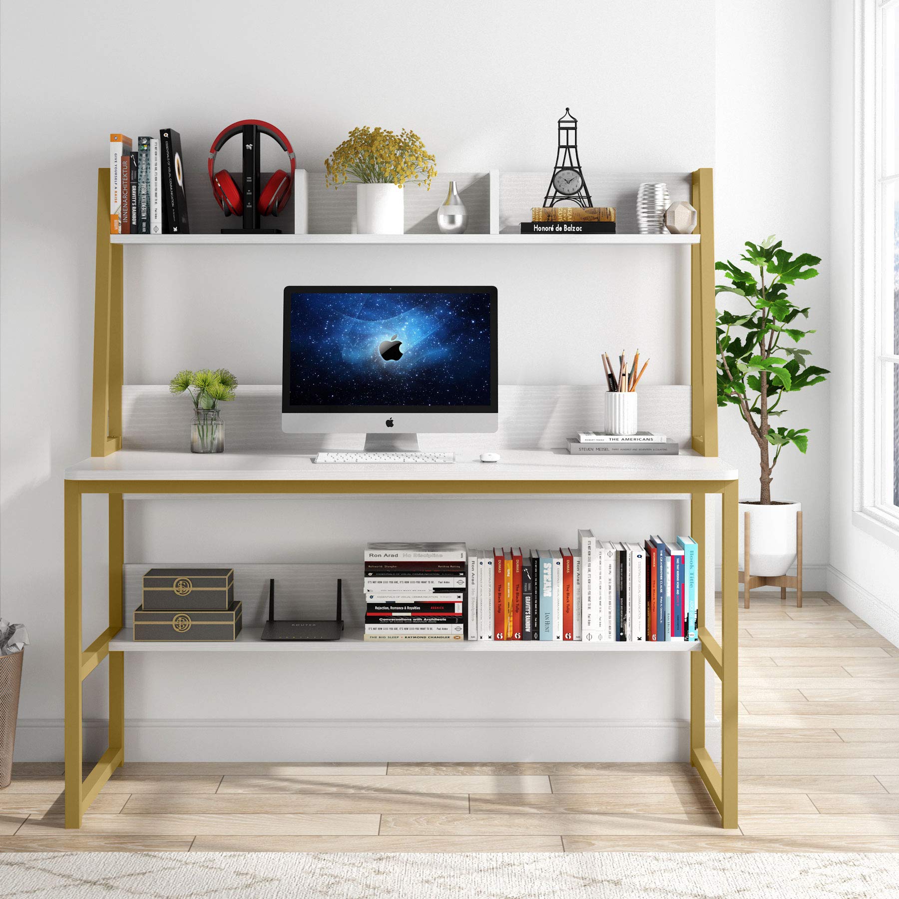 Tribesigns 47 Inch Modern Computer Desk with Hutch and Bookshelf - Home Office Writing Study Desk, Sturdy Workstation for Small Spaces (White) - Perfect for Remote Work, Online Classes & Home Office Setup