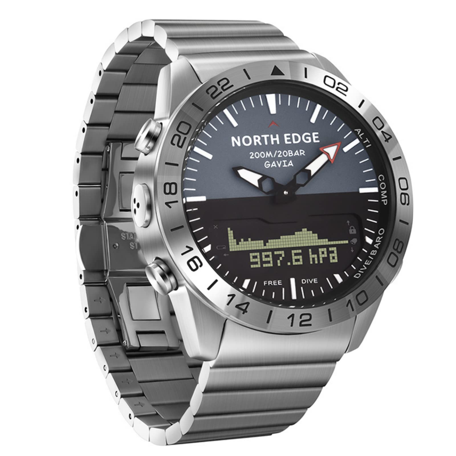 CakCity Men's Analog Digital Altimeter Watch - 20ATM Waterproof Stainless Steel Pilot & Diving Watch with Compass for Outdoor Sports, Hiking, Climbing & Aviation Activities