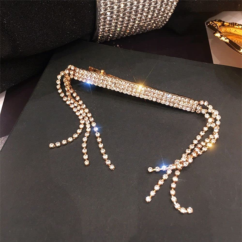 FASNA Gold Rhinestone Hair Clips for Women - Elegant Shiny Long Tassel Hairpin, Girls Brooch Headwear, Hair Styling Accessories | Perfect for Weddings, Parties, Prom & Daily Fashion