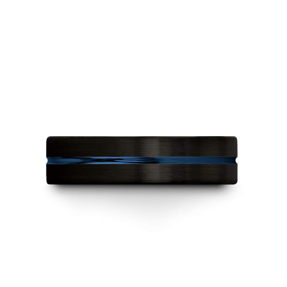 Tungsten Carbide Wedding Band Ring 6mm - Blue Black Center Line Flat Cut for Men & Women - Black Brushed Polished Finish - Custom Engraved Anniversary & Engagement Ring - Perfect for Weddings, Proposals & Special Occasions