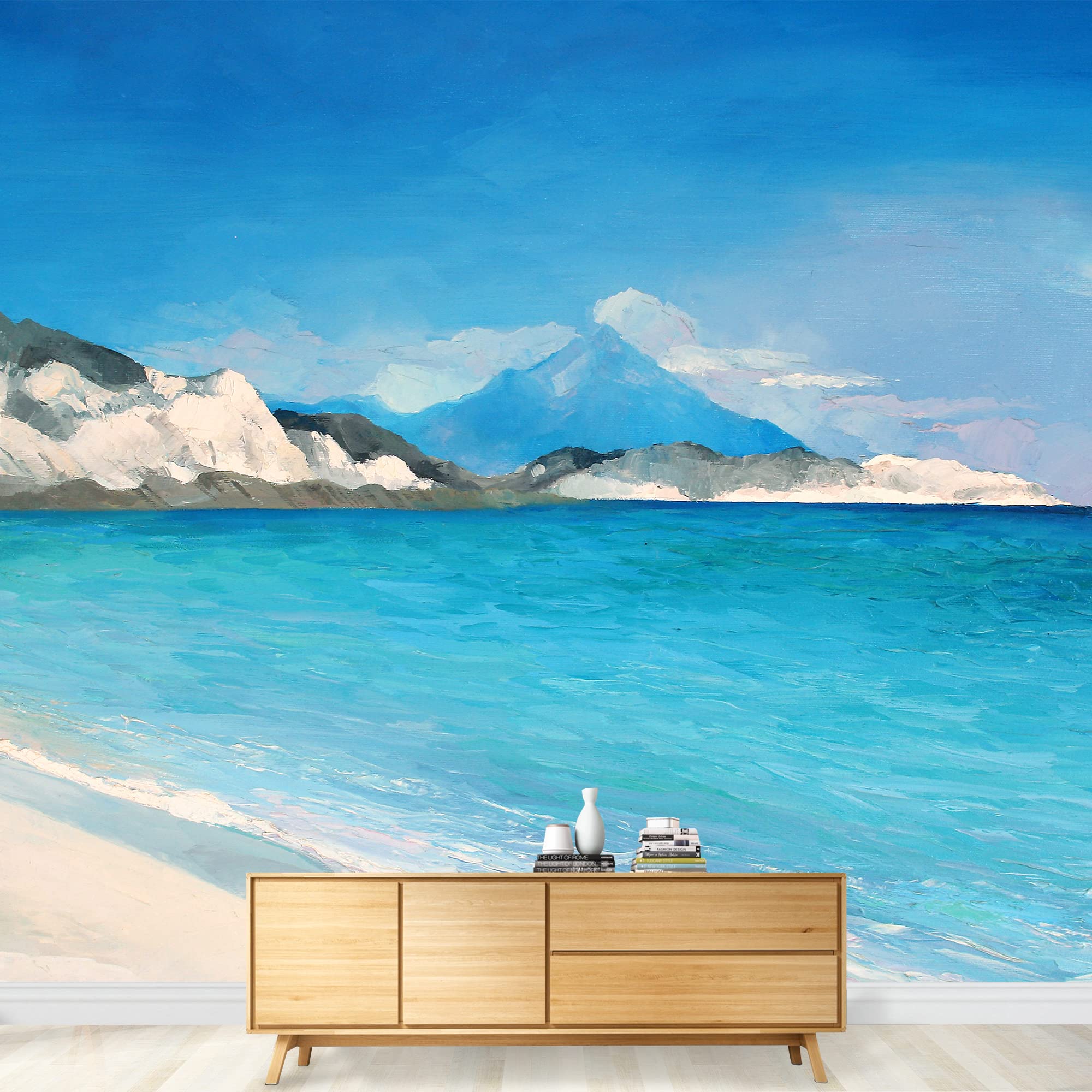 Wall26 - Original Greek Beach Oil Painting on Canvas, Large Removable Self-Adhesive Wall Mural (66x96 inches) - Perfect for Living Room, Bedroom & Office Decor