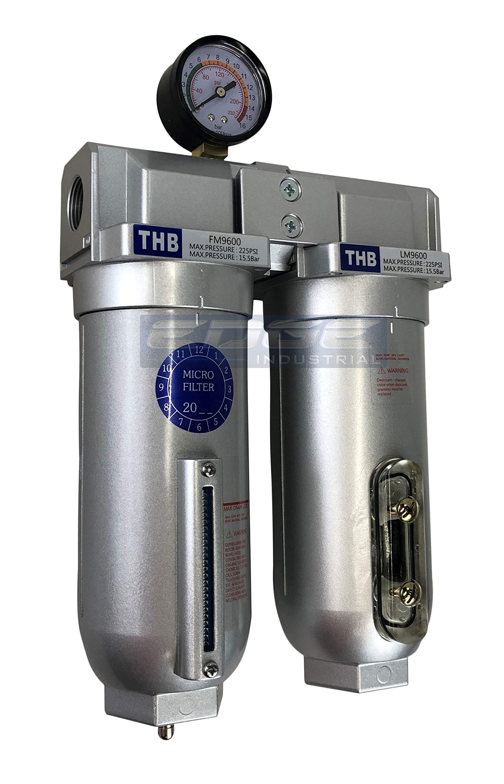 2 Stage Industrial Grade In-Line Coalescing Filter & Desiccant Air Dryer Combo with 11oz Metal Bowls - 3/4