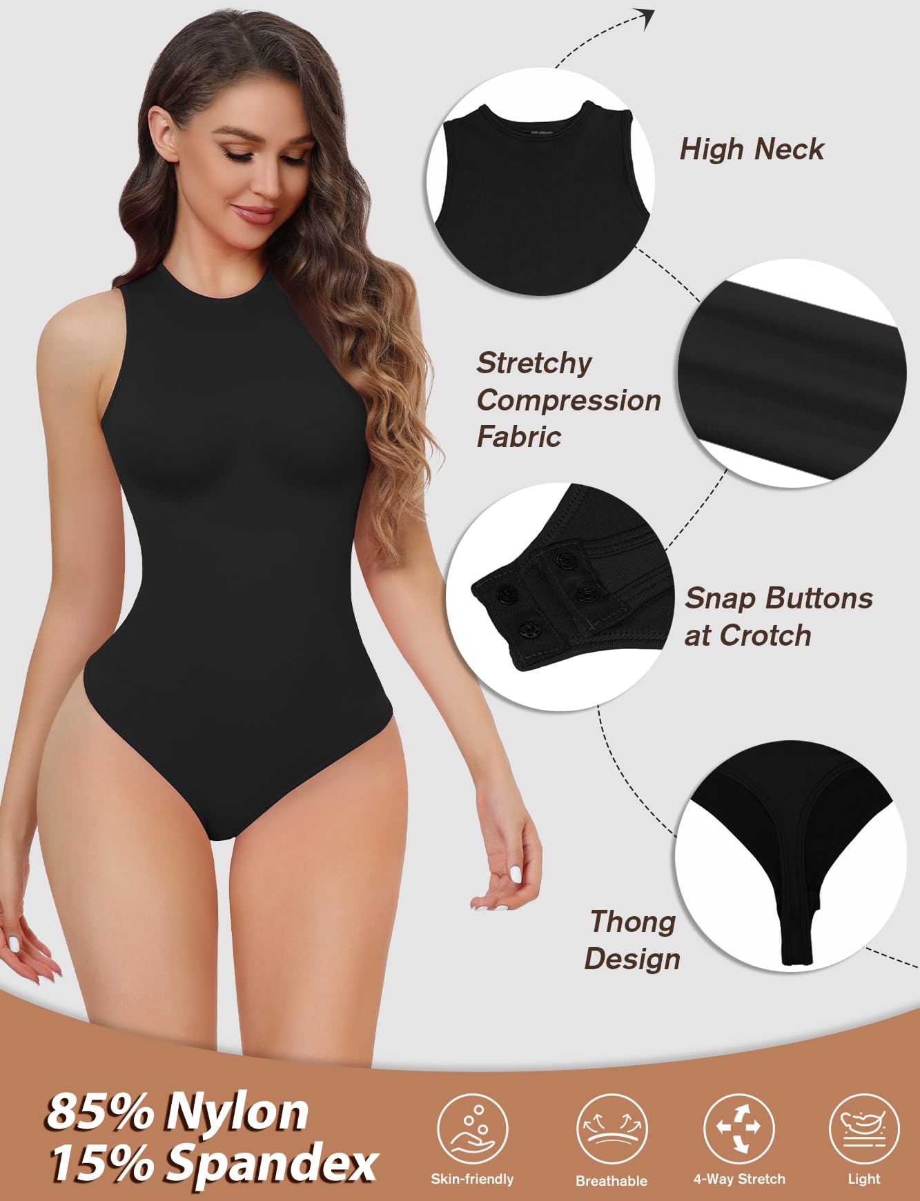 Women's Tummy Control Shapewear Bodysuit - High Neck Seamless Slimming Body Shaper, Racerback Thong Tank Top for Everyday Wear & Special Occasions
