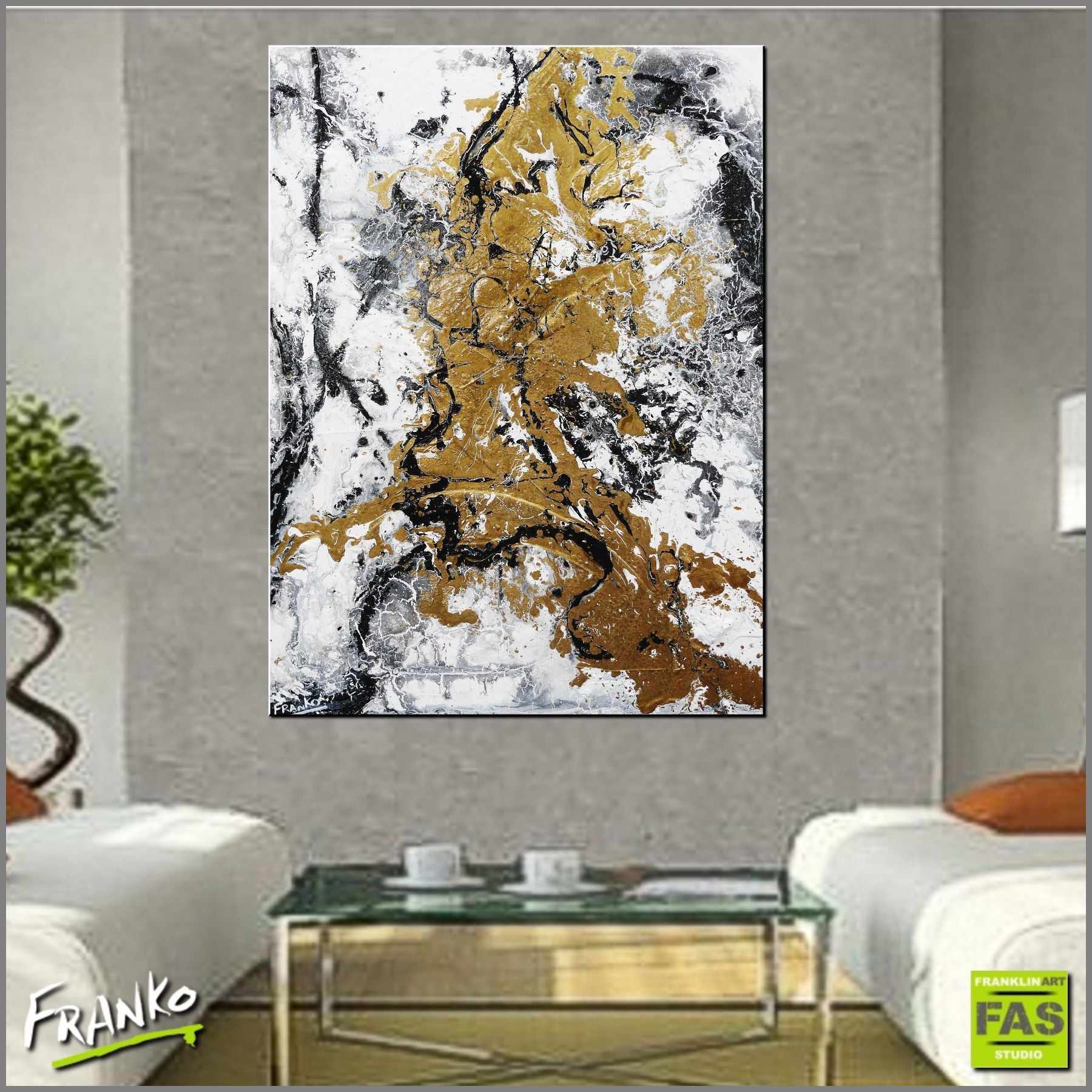 75cm x 100cm Gold White Abstract Canvas Painting - Modern Wall Art for Living Room, Bedroom & Office Decor