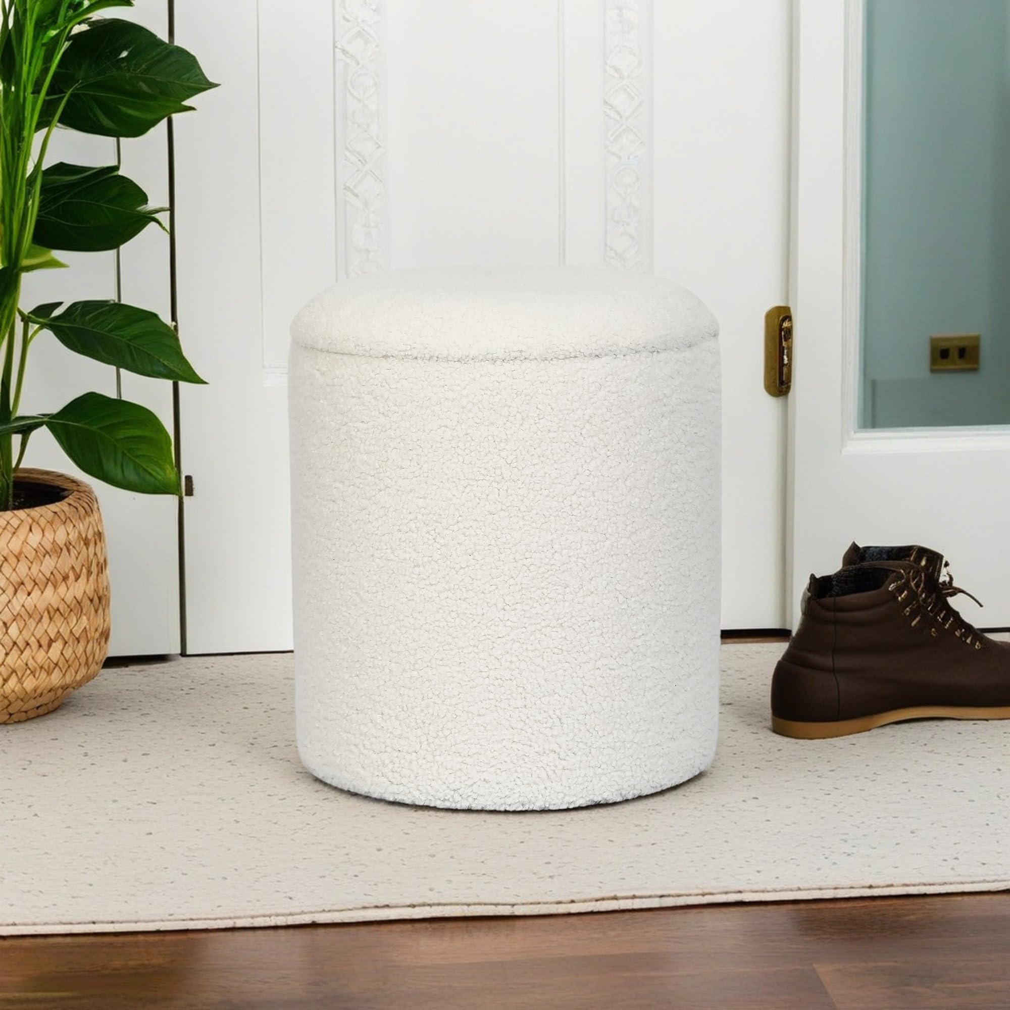 Round Storage Ottoman with Lid - Soft Teddy Velvet Upholstered Footstool, Small Modern Footrest for Living Room, Bedroom & Nursery - Cream White Home Decor for Extra Seating & Hidden Storage