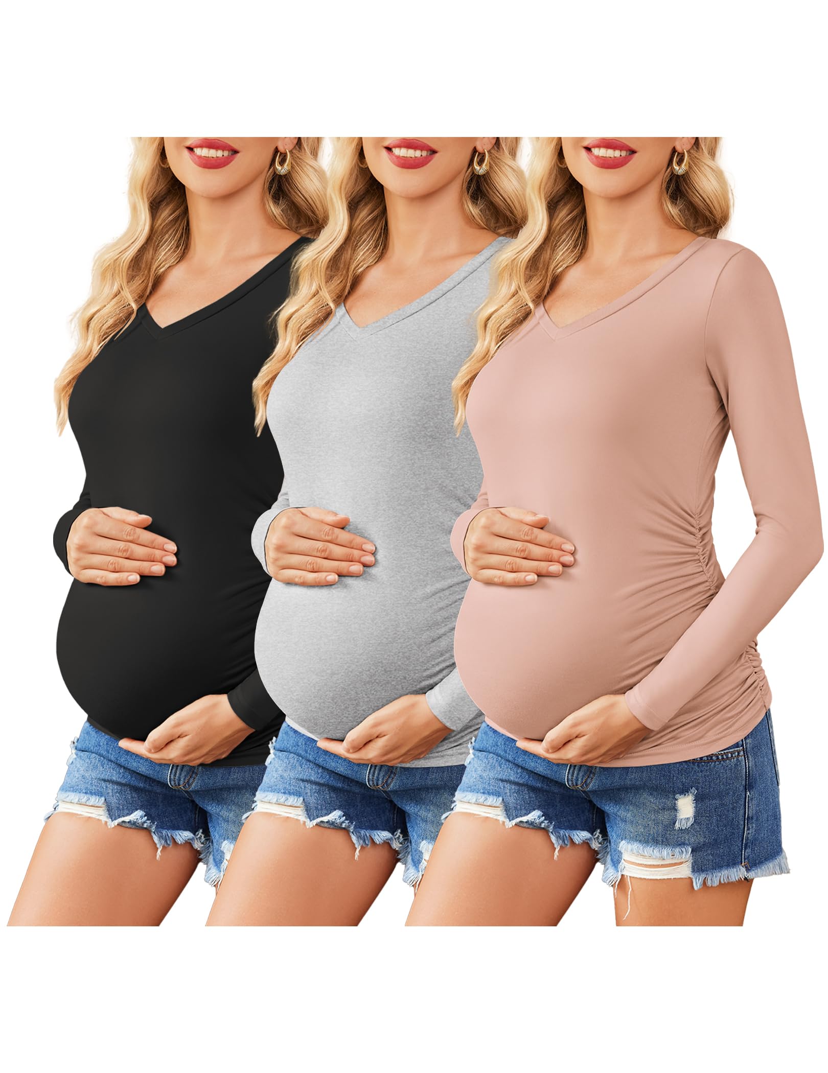 Ekouaer Women's Maternity Shirts 3 Pack - Long Sleeve V-Neck Pregnancy Tops & Tunics for Fall (S-XXL) | Comfortable Nursing Clothes for Expecting Moms at Work or Home