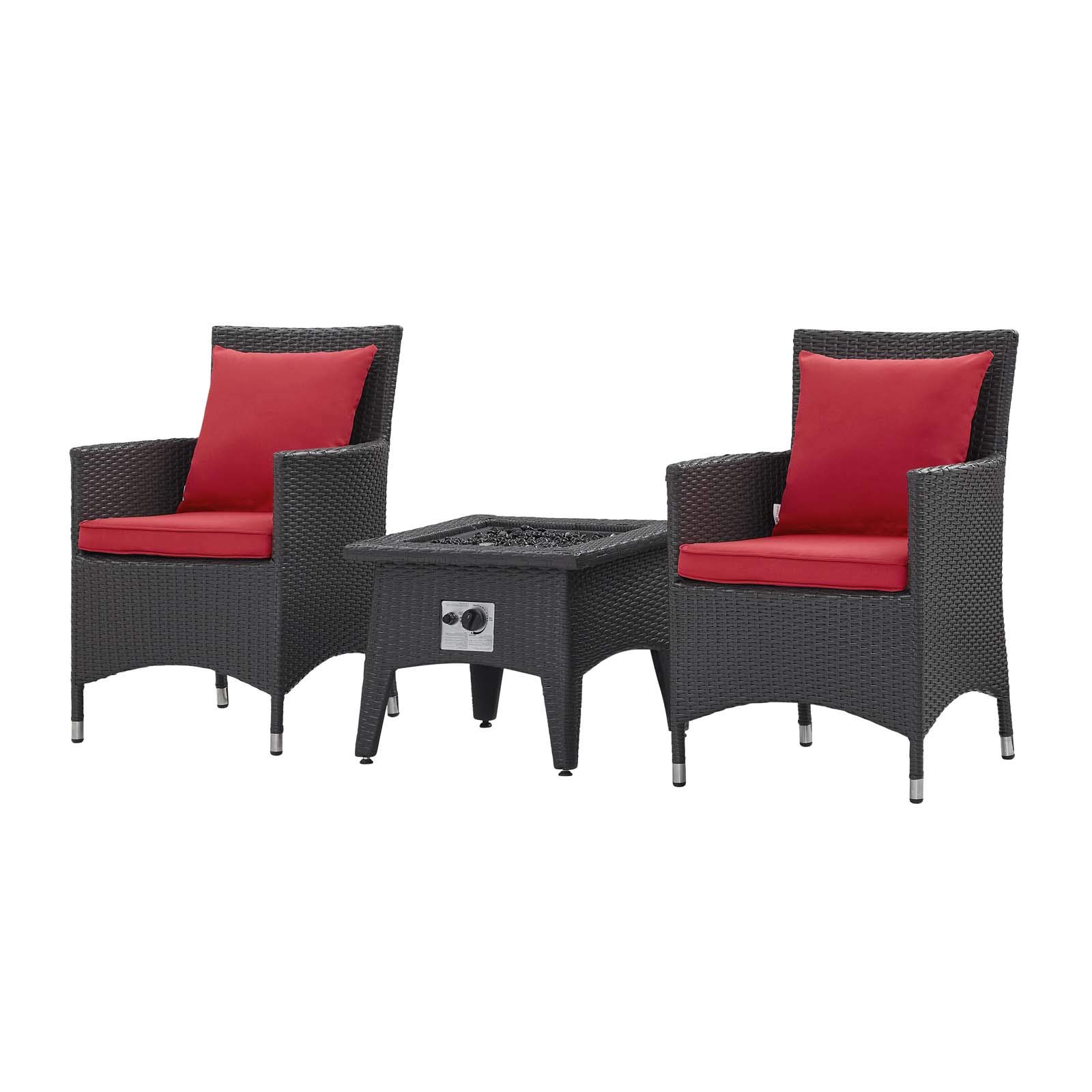 Modern Outdoor Patio Garden Lounge Set with Coffee Fire Pit Table and Red Fabric Rattan Wicker Chairs for Relaxing Evenings and Cozy Gatherings