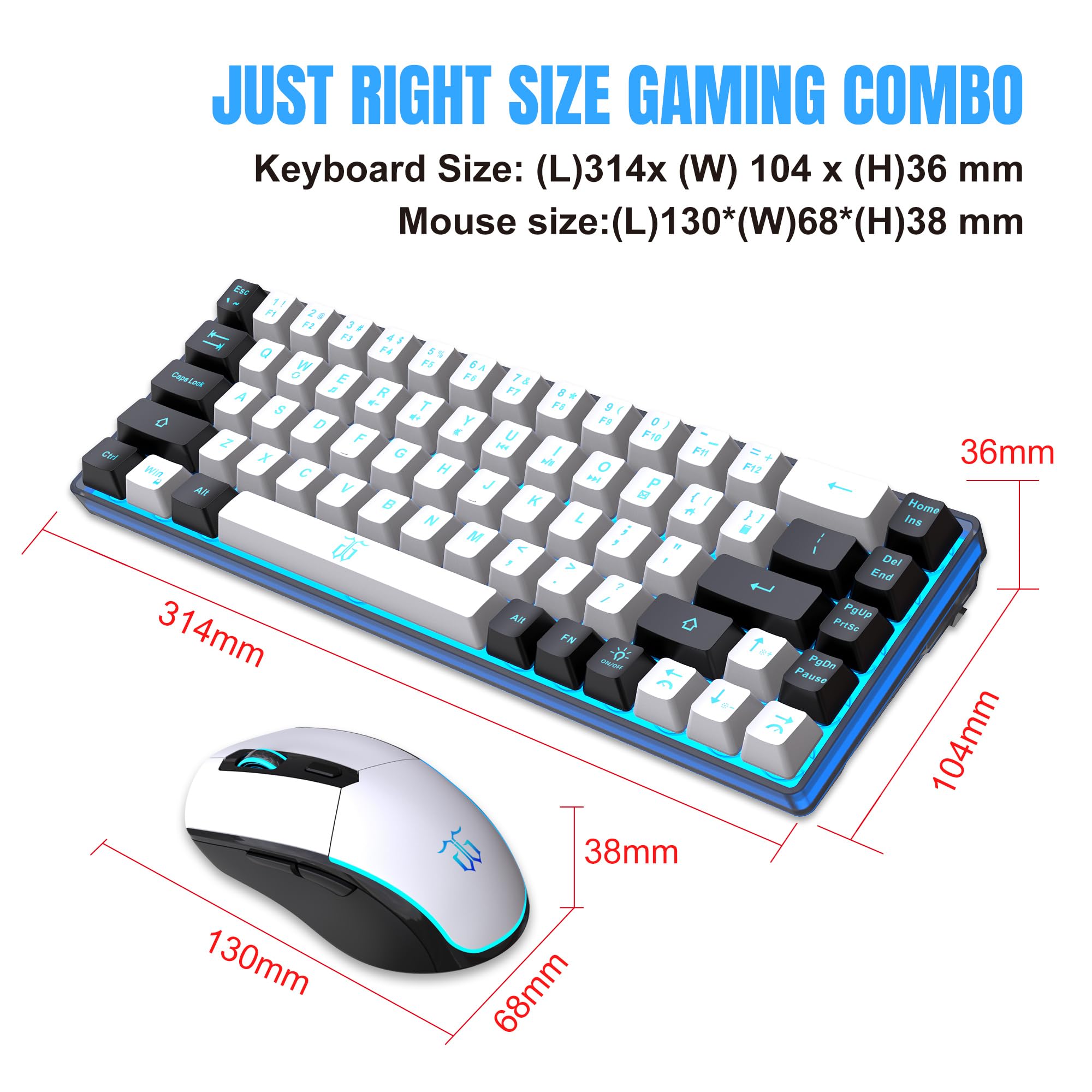 SNPURDIRI 60% Wireless Gaming Keyboard and Mouse Combo - Ice Blue Backlit, Rechargeable 2000mAh Battery, Mini Mechanical Feel Anti-Ghosting Keyboard with RGB Gaming Mouse for PC, Laptop (White-Black) - Perfect for Gaming, Office Work, and Home Use