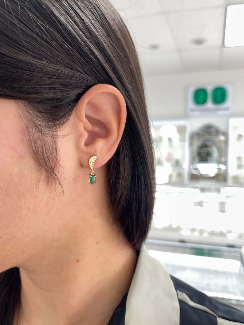 2.05tcw 14K Gold Green Oval Cabochon Emerald Half Butterfly Dangle Earrings for Women - Elegant Jewelry Gift for Wedding, Party & Special Occasions
