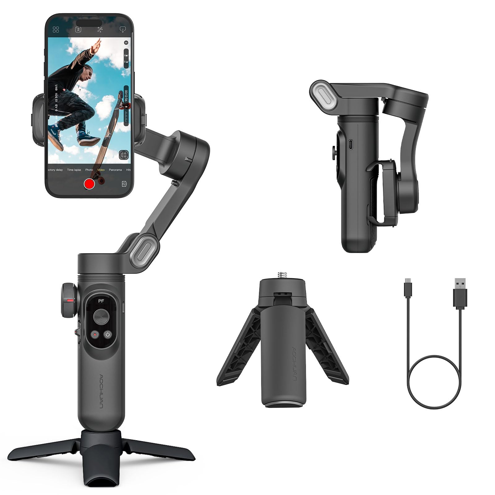 AOCHUAN Smart XPro 3-Axis Smartphone Gimbal Stabilizer with LED Light, OLED Screen, Gesture Control & Face Tracking - Magnetic Charging Compatible with Android & iPhone for Vlogging, Live Streaming & Content Creation