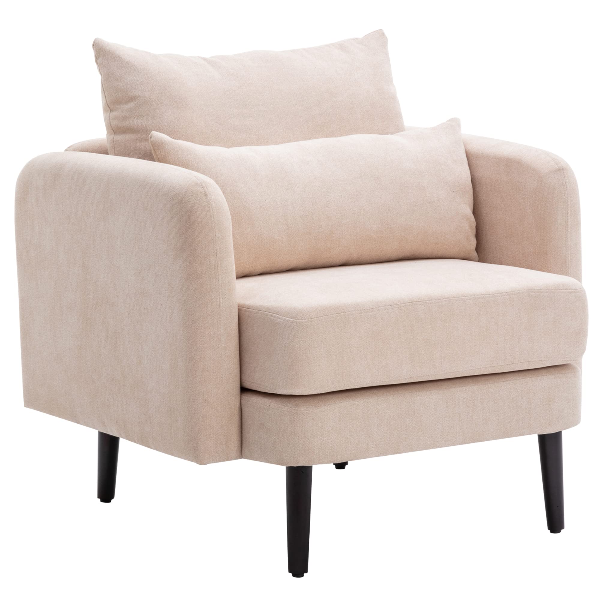 Modern Fabric Accent Armchair - High Back Comfy Single Sofa Chair with Solid Wood Legs & Pillow - Living Room, Bedroom, Reading Room Seating - Beige Upholstered Lounge Chair for Relaxing & Home Decor