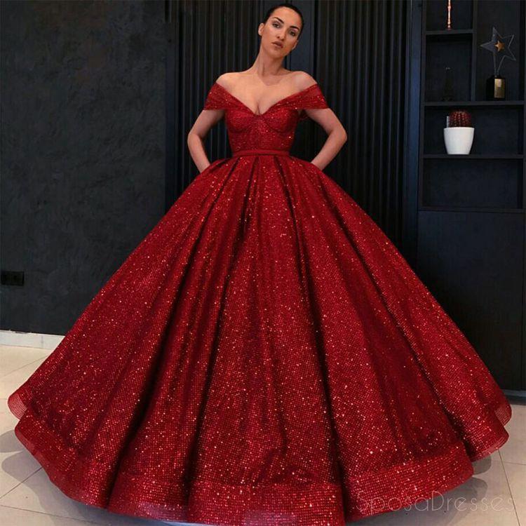 Sparkly Red Off-Shoulder Ball Gown Long Prom Evening Dress - Custom Sweet 16 Dresses for Women - Perfect for Prom Night, Homecoming, Quinceañera & Formal Events