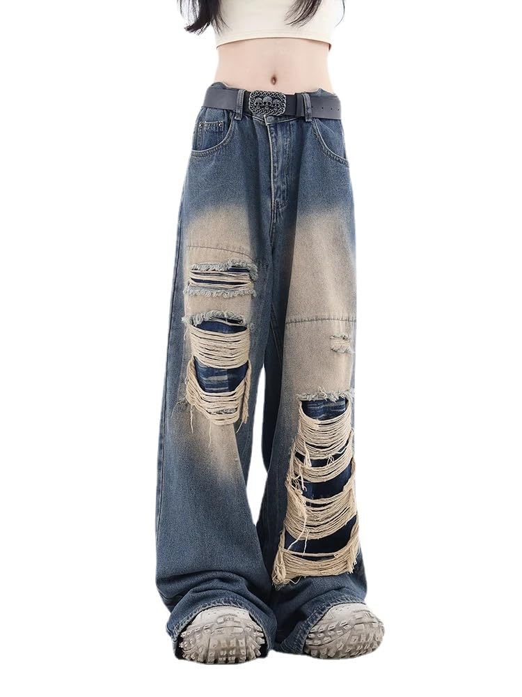 Y2K Gothic Black Baggy Jeans - High Waist Vintage Ripped Pants for Casual Streetwear