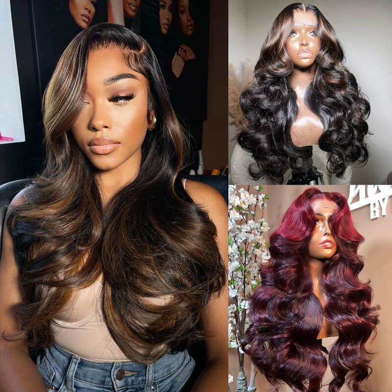 Eullair Brown Highlight Human Hair Pre Cut Lace Frontal Wig - Layered Cut Body Wave with Curtain Bangs for Hairstylists | Perfect for Cosplay, Daily Wear & Special Occasions
