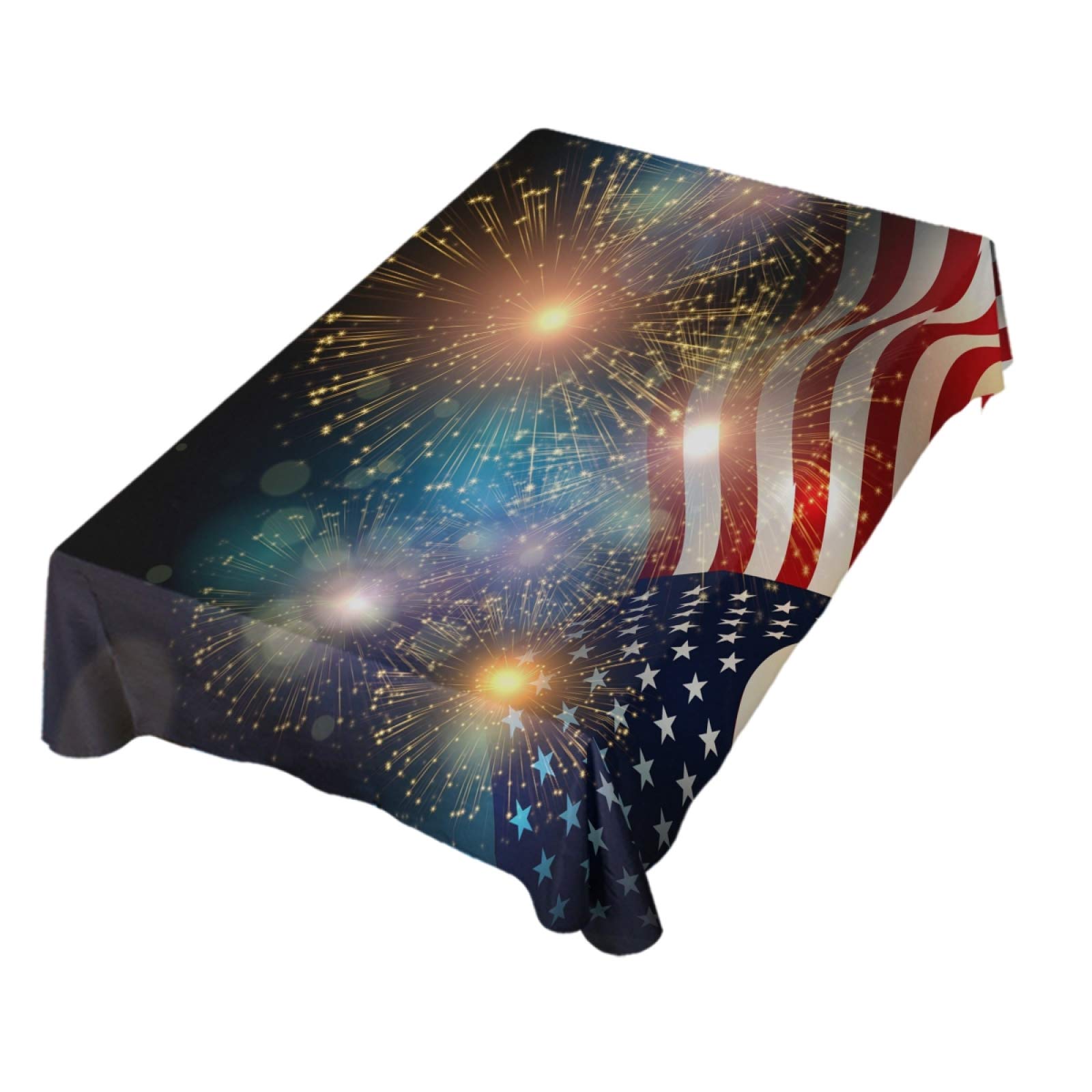 4th of July Patriotic Tablecloth - 54x72 Inch American Flag Fireworks Design Polyester Rectangle Table Cover for Party, BBQ, Picnic & Holiday Dinner Decor