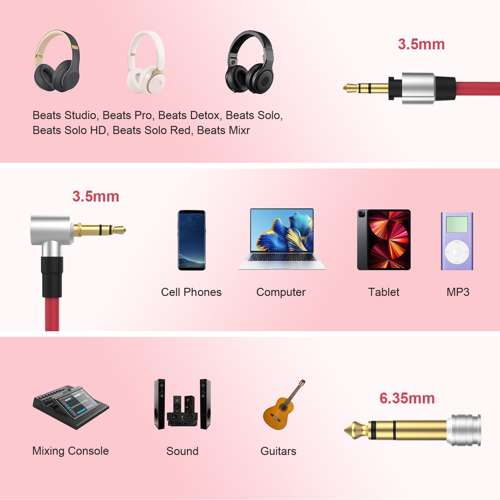 Beats by Dr Dre Solo Studio Pro Detox Edition Replacement Audio Aux Cable - 3.5mm Auxiliary Extension Cord for Headphones (Red) | Perfect for Gaming, Music & Travel Accessories
