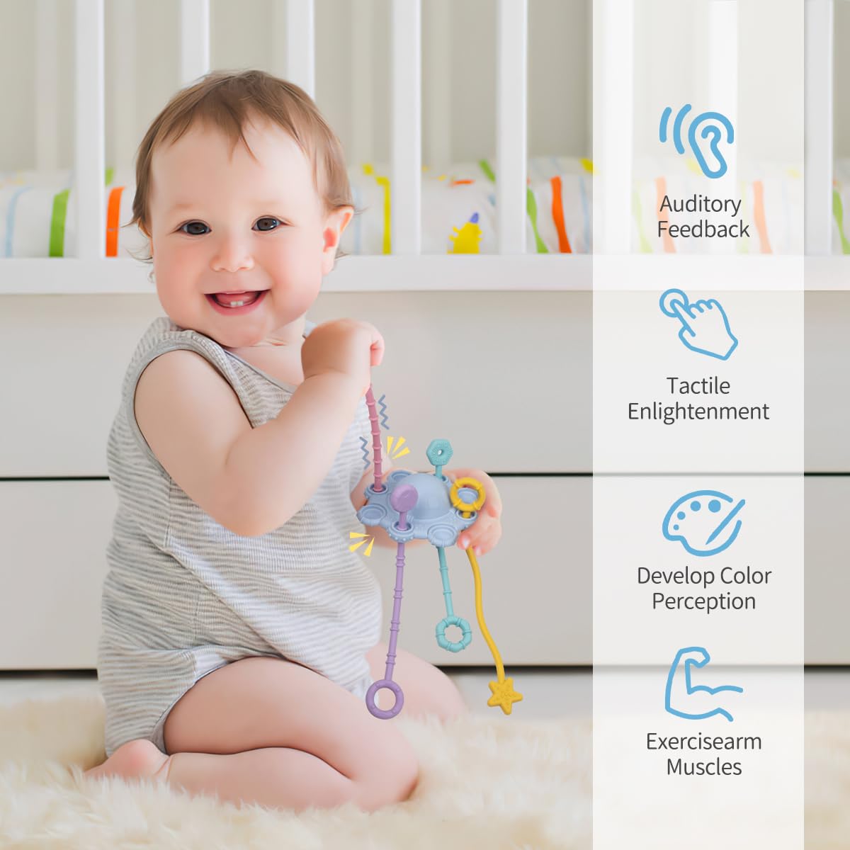 Montessori Pull String Toys for Babies - 100% Food Grade Silicone Baby Teether with Built-in Rattle & Easy to Clean - Safe Infant Developmental Toy for Crawling, Teething & Sensory Play (Blue)