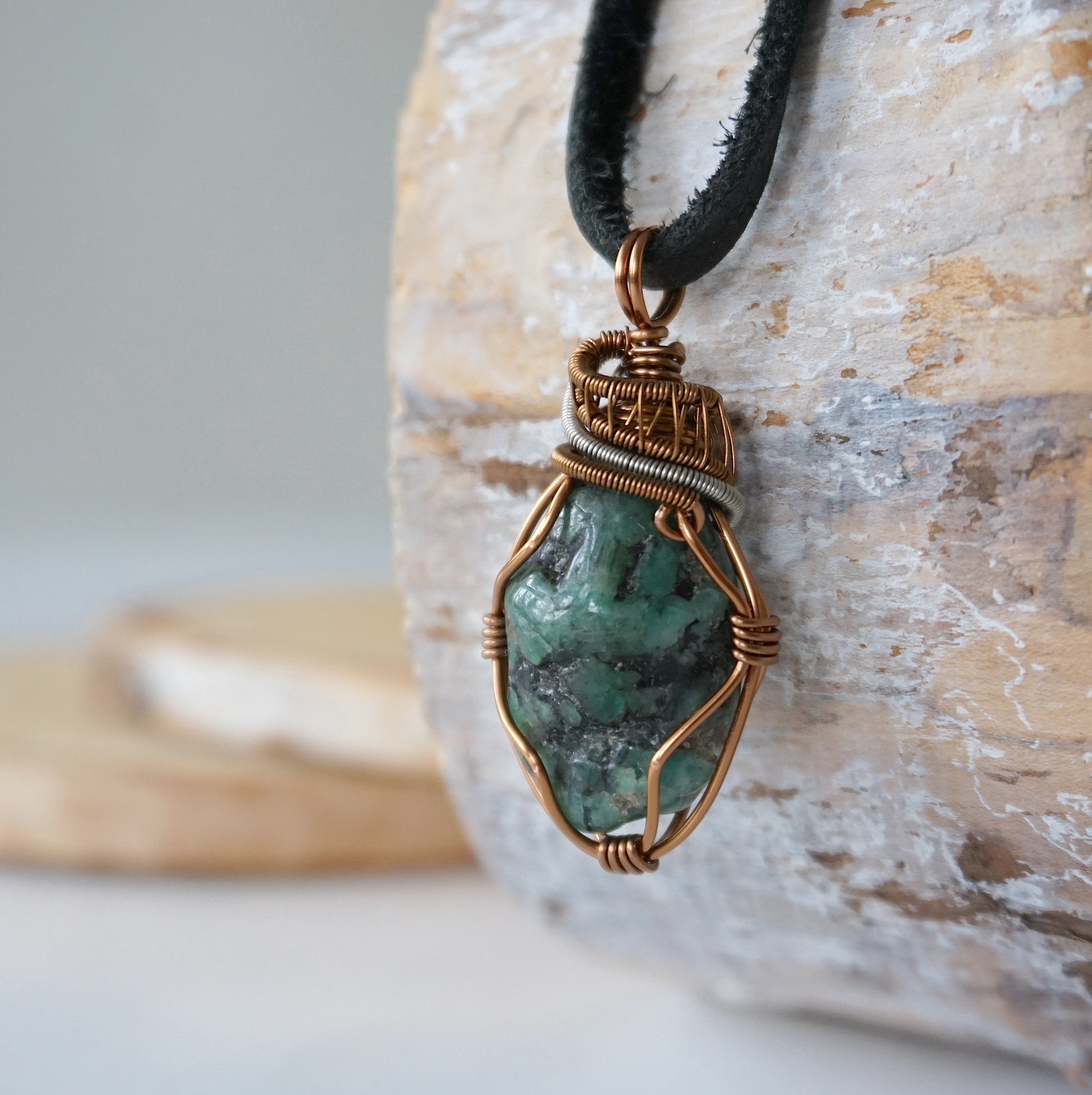 Handmade Men's Raw Emerald Necklace - Sterling Silver & Bronze Wire Wrapped Pendant with Black Leather Cord - Perfect for Gifts, Spiritual Healing & Boho Fashion
