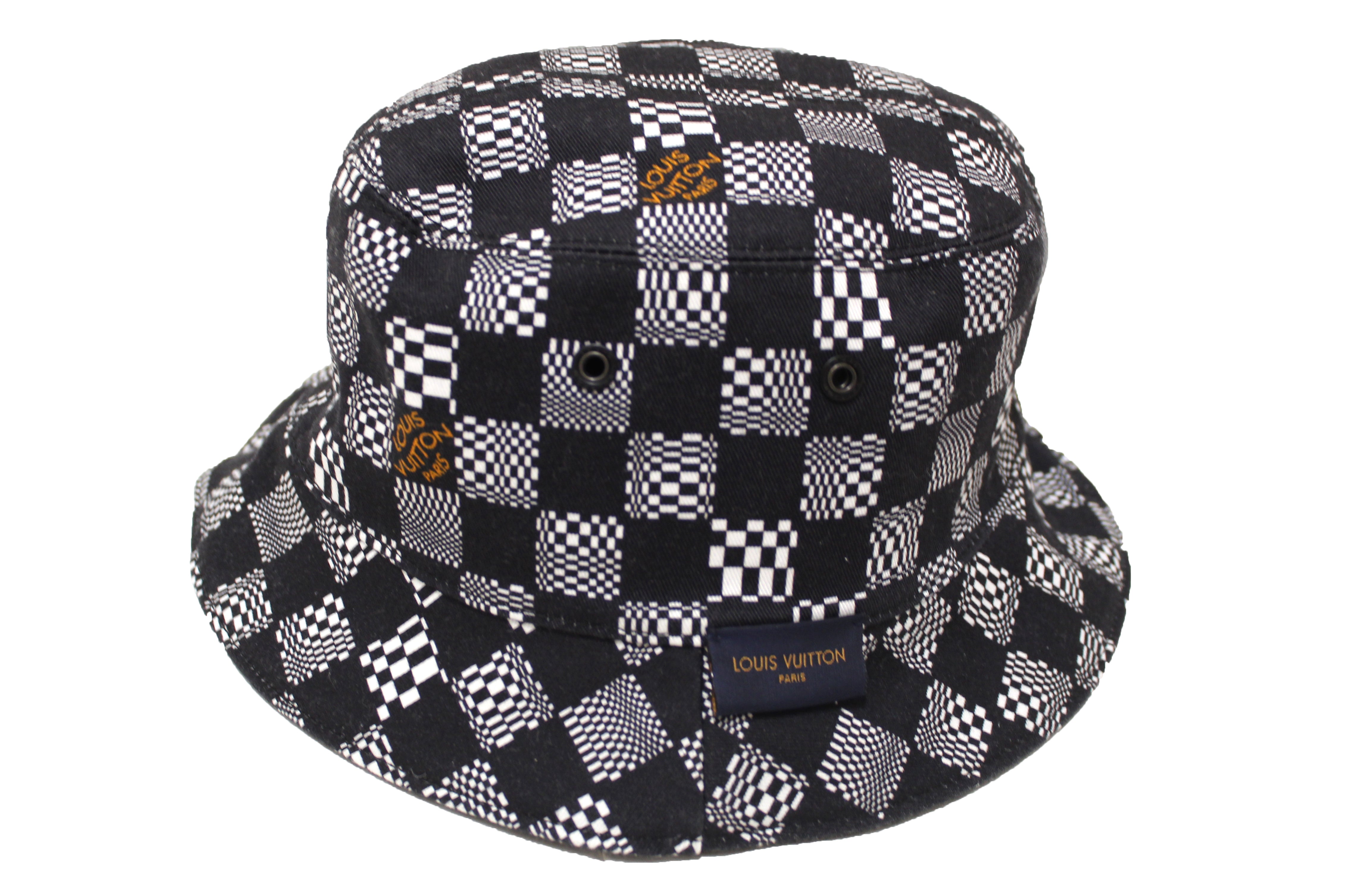 Authentic Louis Vuitton Black & White Distorted Damier Reversible Bucket Hat for Men & Women - Fashionable Unisex Sun Hat for Outdoor, Travel & Streetwear Style