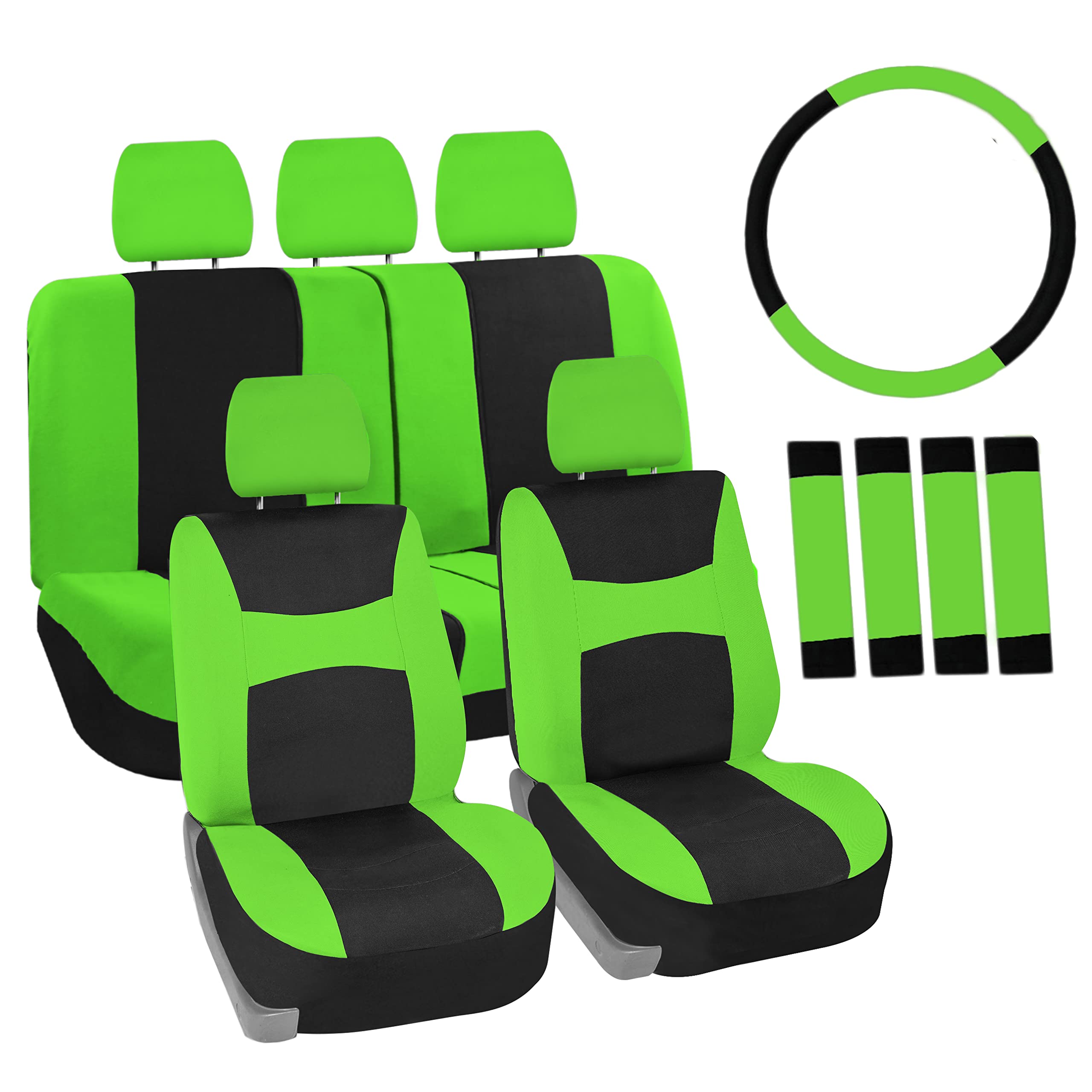 FH Group Light Breezy Green Car Seat Covers Combo Set - Universal Fit for Cars, Trucks & SUVs | Includes Luxe Carpet Floor Mats & Steering Wheel Cover | Perfect for Summer Driving & Interior Protection