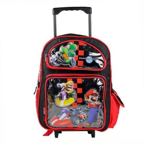 Super Mario Bros Roller Backpack - 16 Inch Large Wheeled Travel Bag with Red Checkered Design for School, Travel & Cosplay (Nintendo Inspired)