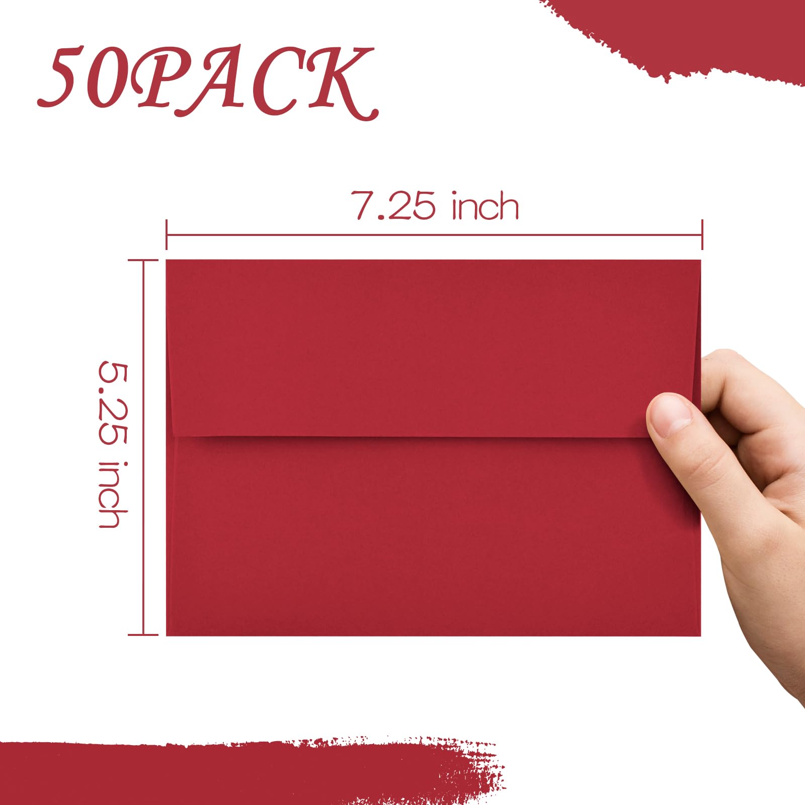 50 Pack 5x7 Envelopes (A7 Size) - Red Self Seal Invitation Envelopes for Wedding, Baby Shower, Greeting Cards - Printable, Bulk Mailing Envelopes for Home & Office Use