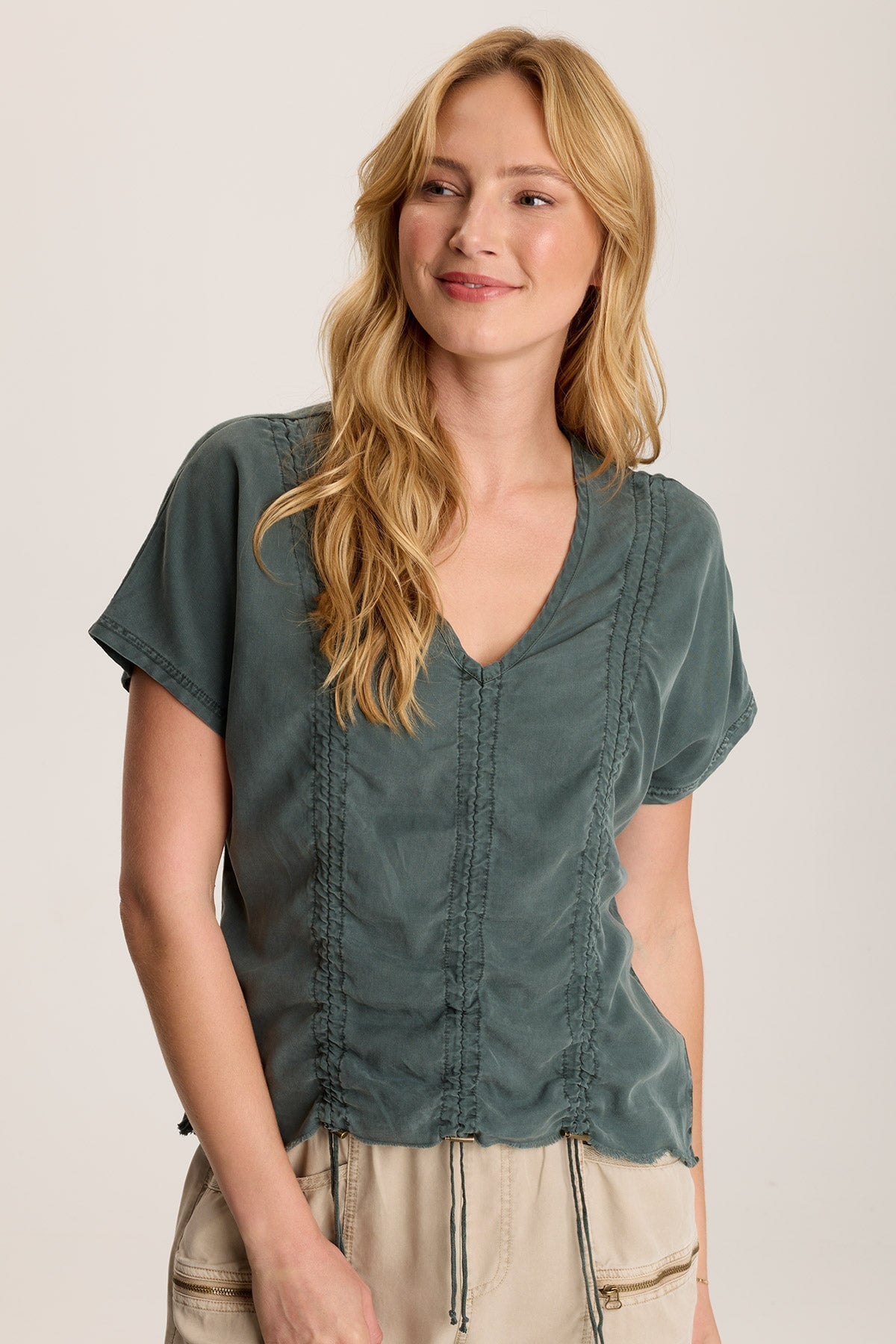 Werner Twill Ruched Cord Relaxed V Neck Tee - Soft Casual Women's T-Shirt for Everyday Wear & Layering | Perfect for Work, Outings & Relaxing at Home