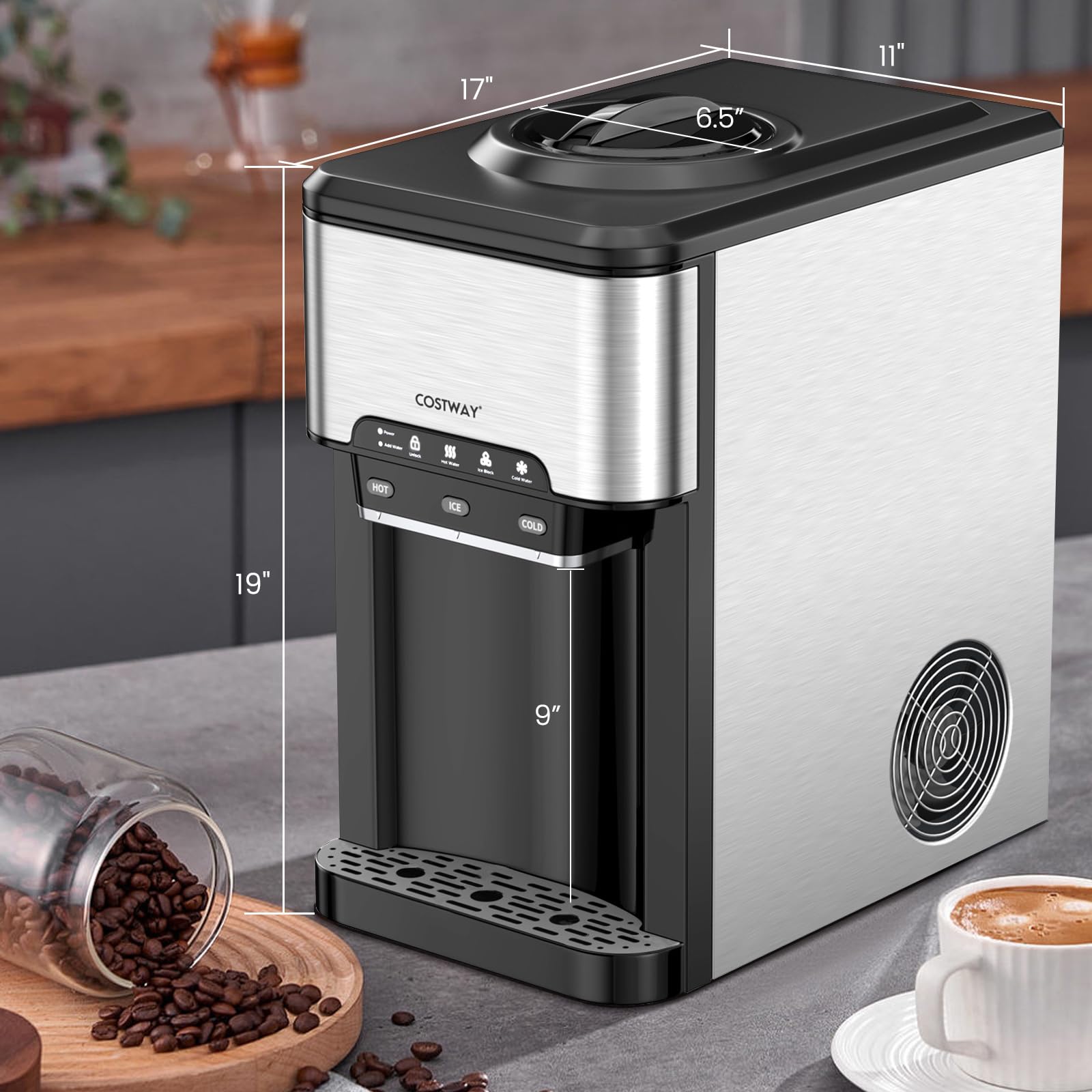 COSTWAY 3-in-1 Countertop Water Dispenser with Ice Maker | Hot & Cold Water Cooler with Child Safety Lock | 12 Ice Cubes Capacity | 2 Water Filling Options | Portable for Home, Kitchen, Office | Perfect for Entertaining, Daily Hydration & Workspace Refreshments