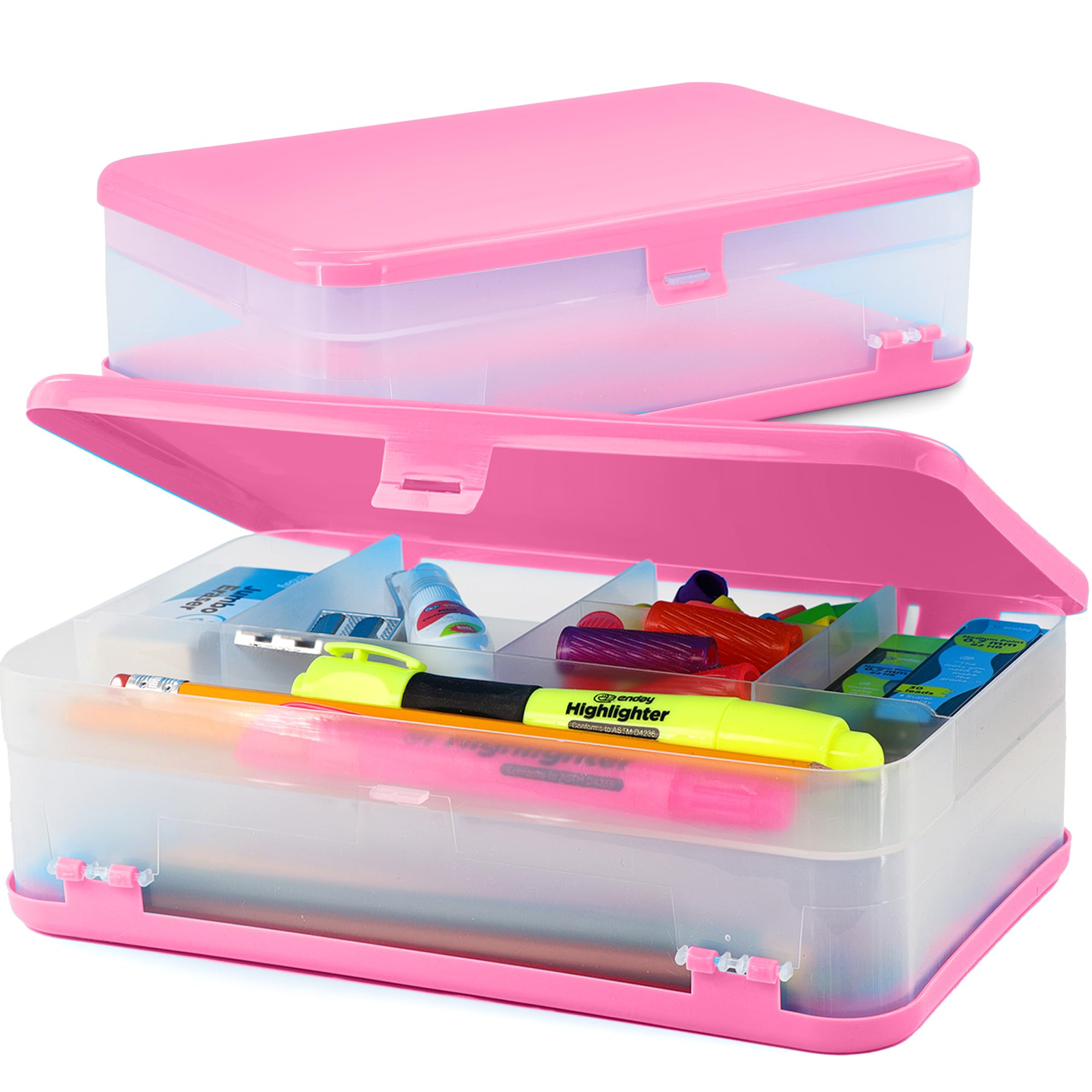 Enday Large Capacity Pink Plastic Pencil Box - Double Deck Storage Organizer with 12 Compartments & Snap-Tight Lid - Durable School Supplies for Kids, Students & Office Use - Perfect for Backpack, Desk & Travel Organization