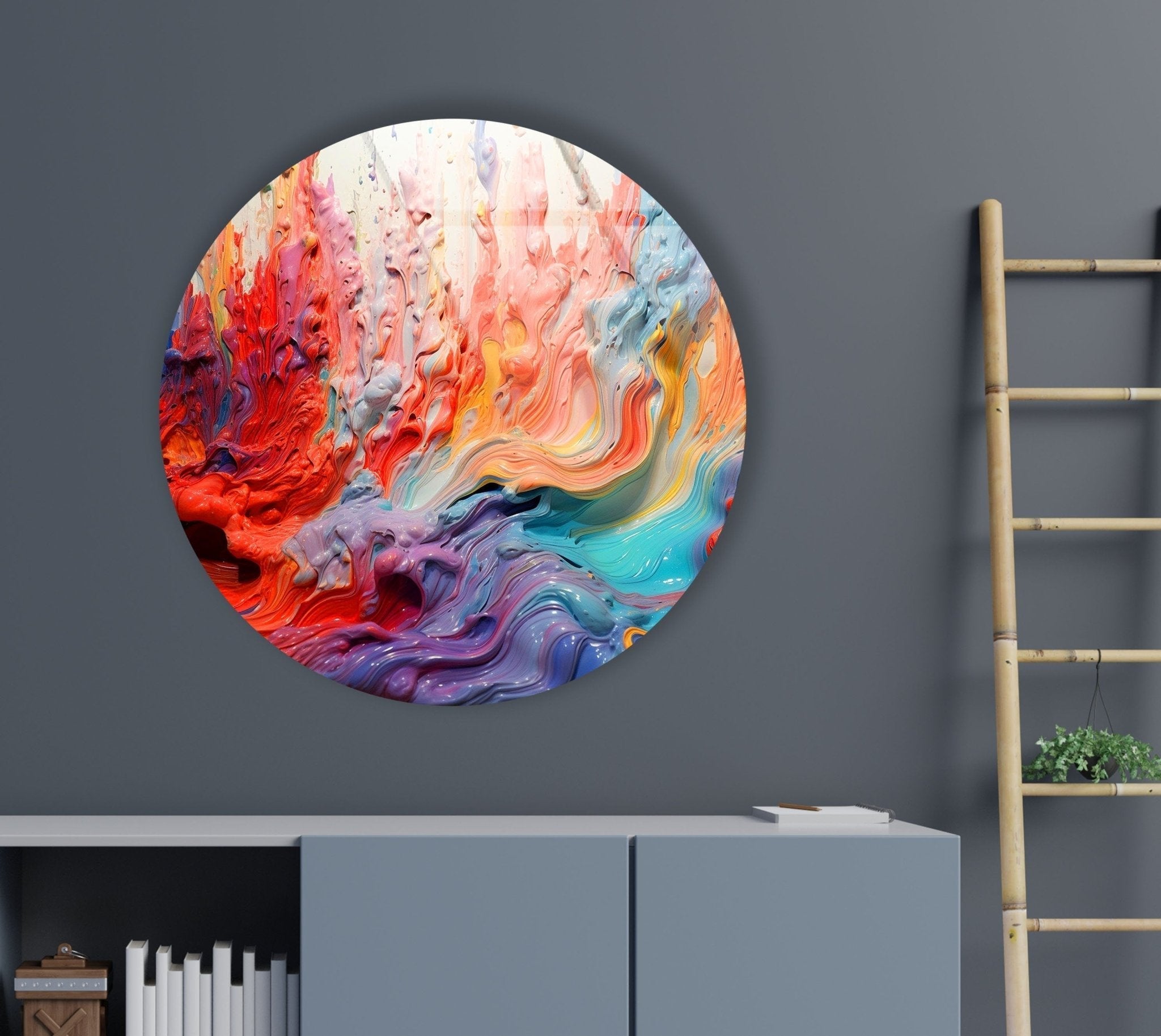 Abstract Round Pink Oil Art Glass Wall Decor - Modern Handmade Glass Painting for Living Room, Bedroom & Office