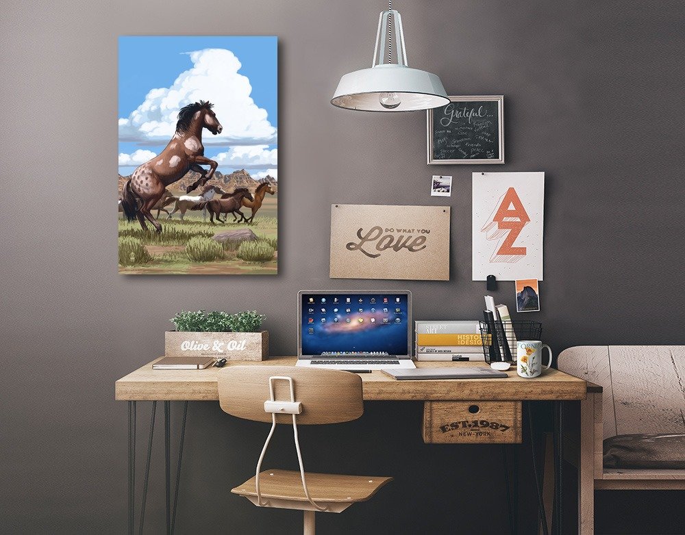 Lantern Press Wild Horses and Buttes Wall Art - 16x24 Wrapped Canvas Print for Home & Office Decor | Western Landscape Painting for Living Room, Bedroom, or Cowboy Themed Spaces