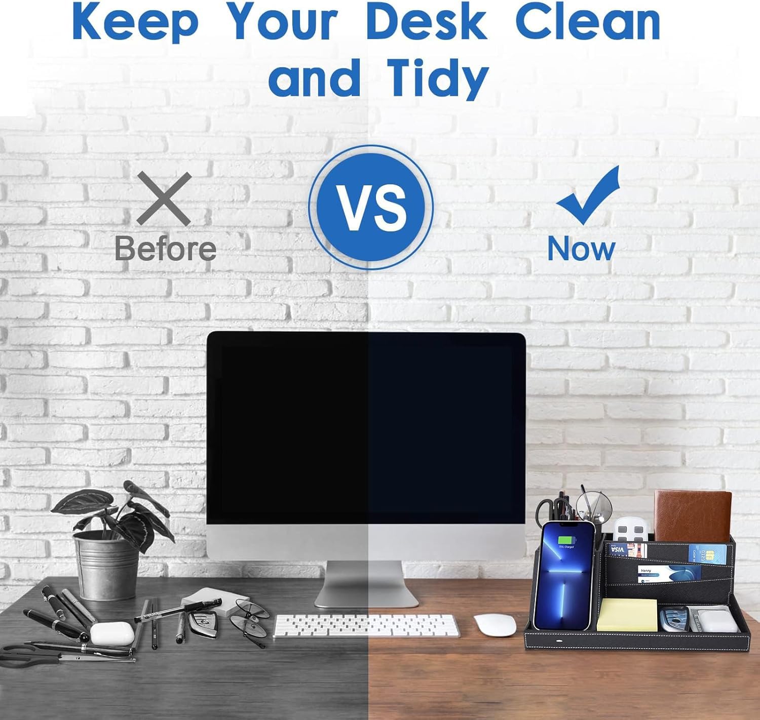 Premium PU Leather Wireless Charging Desk Organizer - Fast 15W Qi-Certified Charging Station with Pen Holder & Phone Stand | Stylish Nightstand Organizer for Office & Home | Perfect Gift for Men & Husband (Black) | Ideal for Workspace, Bedside & Office Organization