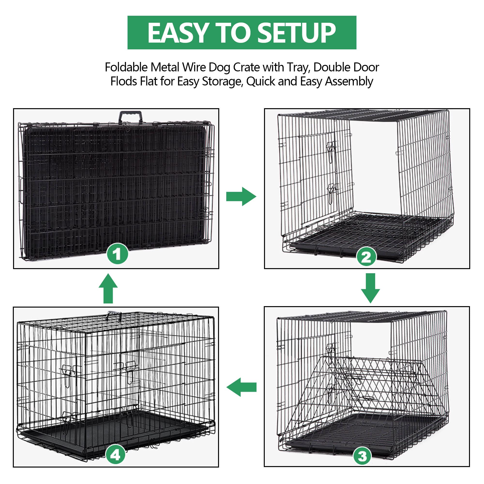 36'' Foldable Metal Wire Dog Crate with Double Door & Double Lock - Portable Collapsible Dog Cage with Leak-Proof Pan, Divider & Handle - Indoor Kennel for Medium Dogs - Perfect for Home, Travel & Training Use