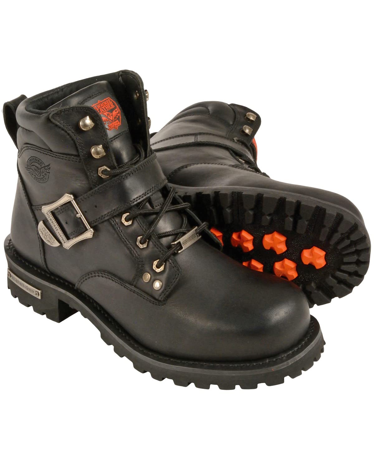 Milwaukee Leather Men's 6-Inch Side Buckle Work Boots - Round Toe Black (Size 8) | Durable Construction for Outdoor Work & Casual Wear