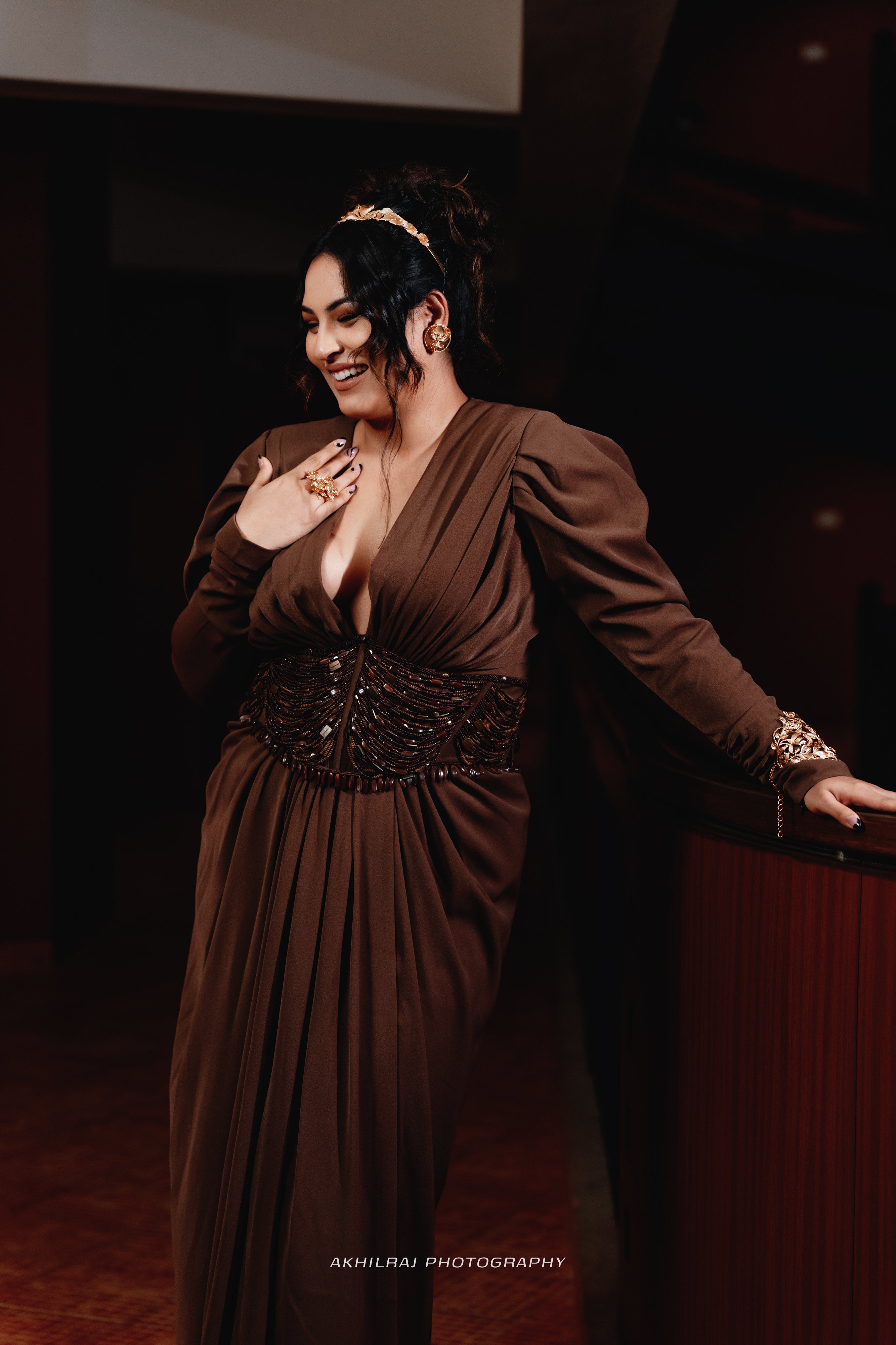 Sakshi Sindhwani Dark Tan Corset Dress with High Slit - Elegant Evening Gown for Parties, Weddings & Special Occasions