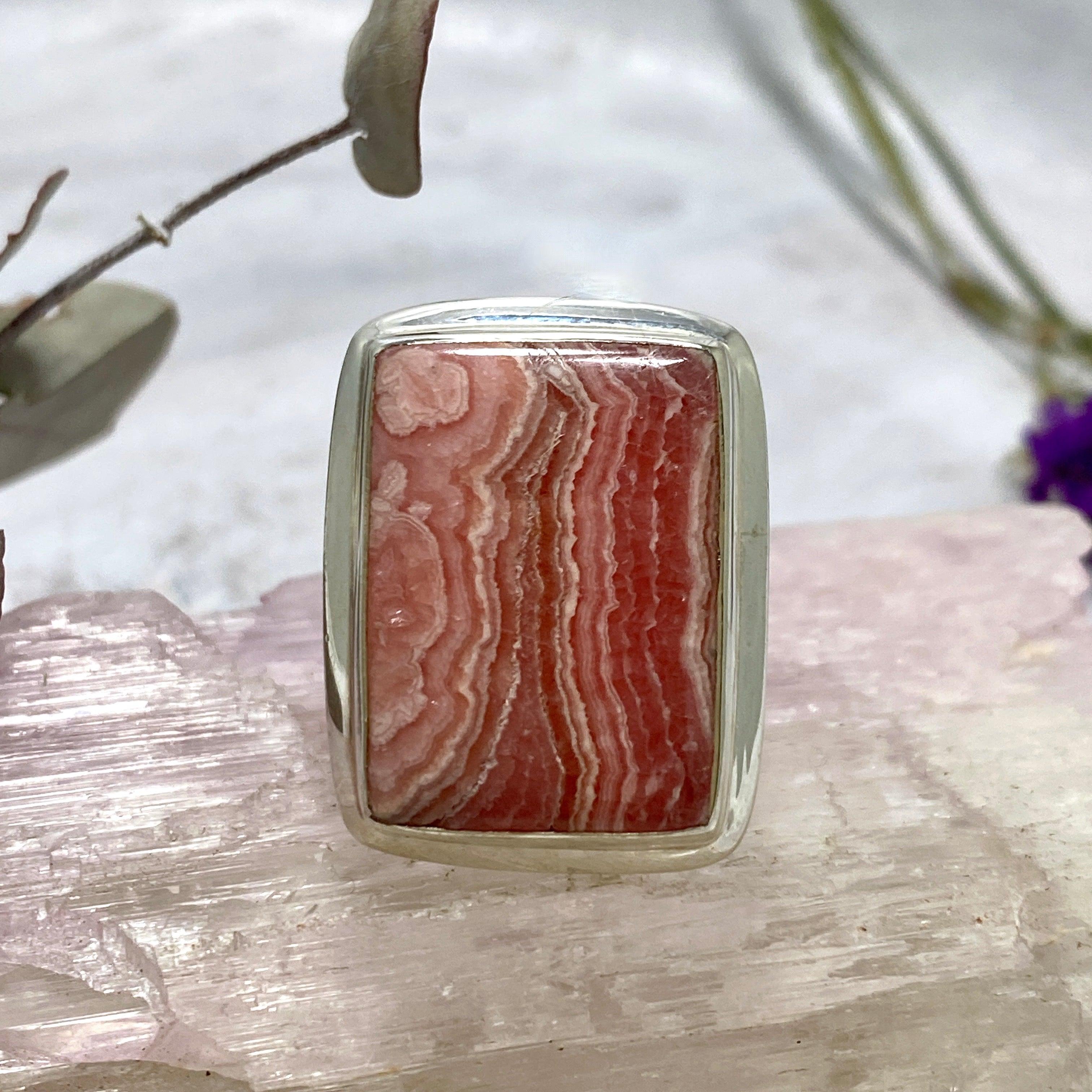 Rhodocrosite Rectangular Ring Size 10 - Genuine Gemstone Jewelry for Women, Elegant and Unique Gift for Her - Perfect for Weddings, Anniversaries, and Special Occasions