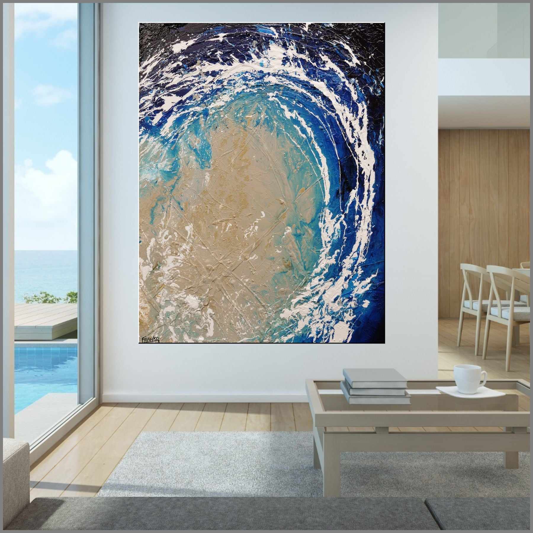 140cm x 180cm Cream Blue Textured Abstract Ocean Painting - Sapphire Reef Wall Art for Living Room, Bedroom & Office Decor