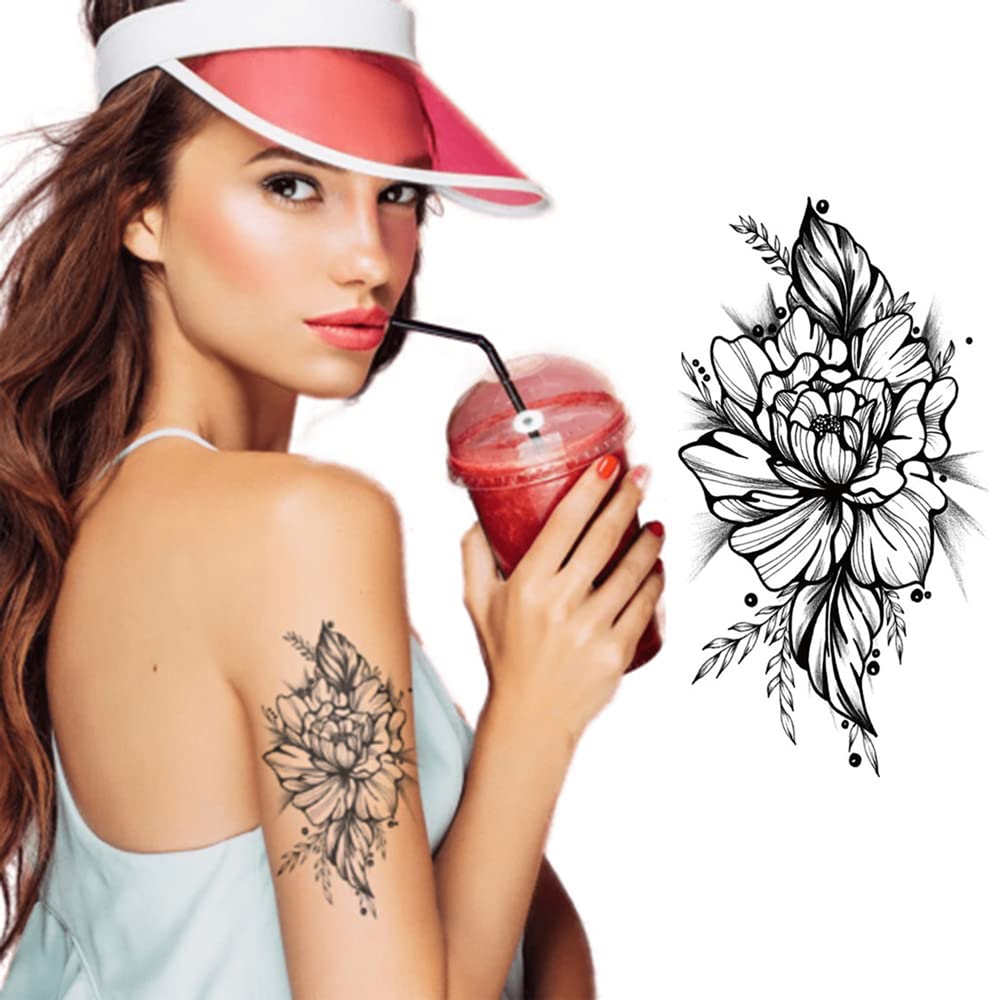 Beautiful Black Temporary Tattoo Stickers for Women - Large Flower with Leaves Design (21x10cm) | Fake Tattoos for Girls | Perfect for Parties, Festivals & Summer Style