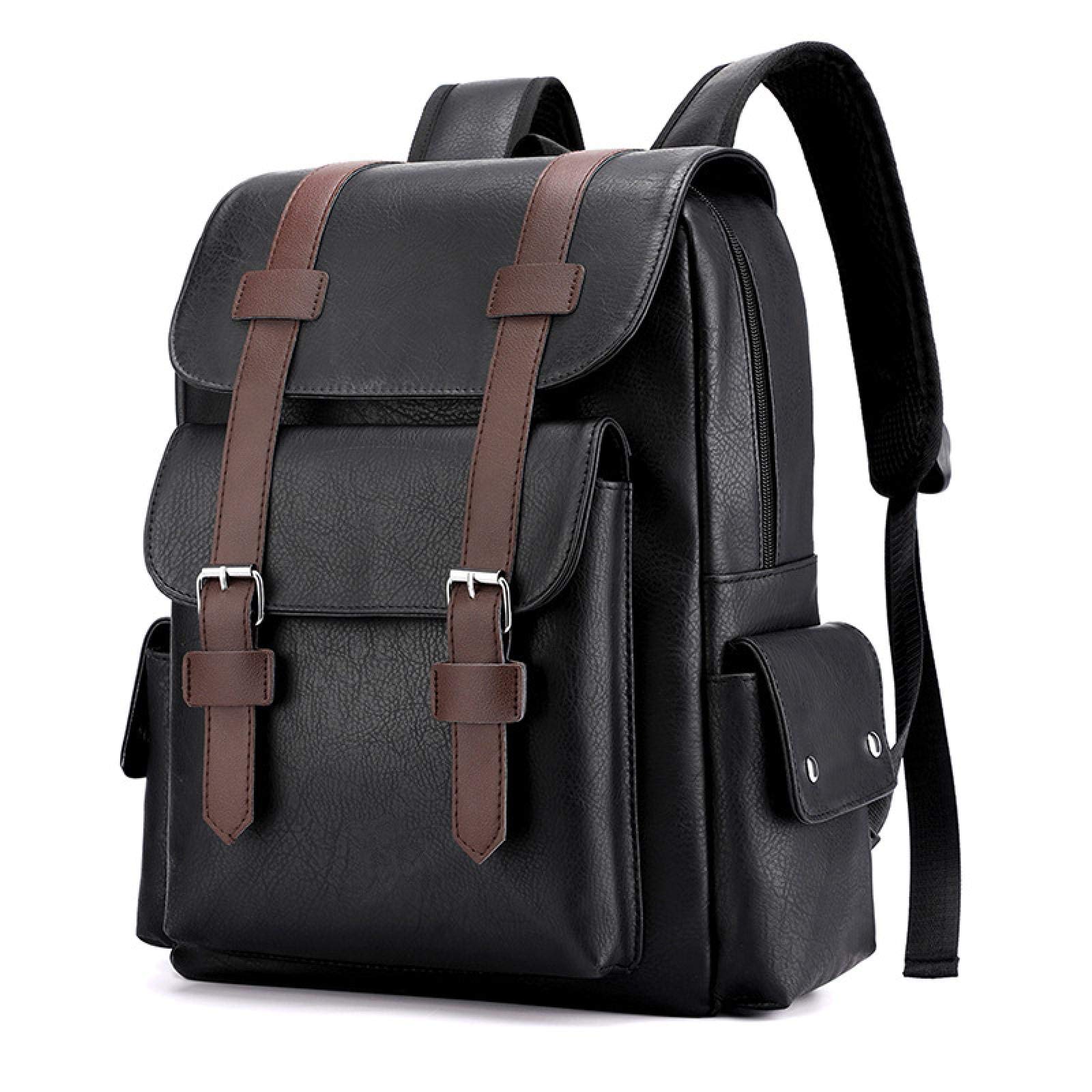 Waterproof PU Leather Backpack for Men - Vintage Style Large Capacity 15.6 Inch Laptop Backpack - Perfect for Travel, School, Work & Business (Black)