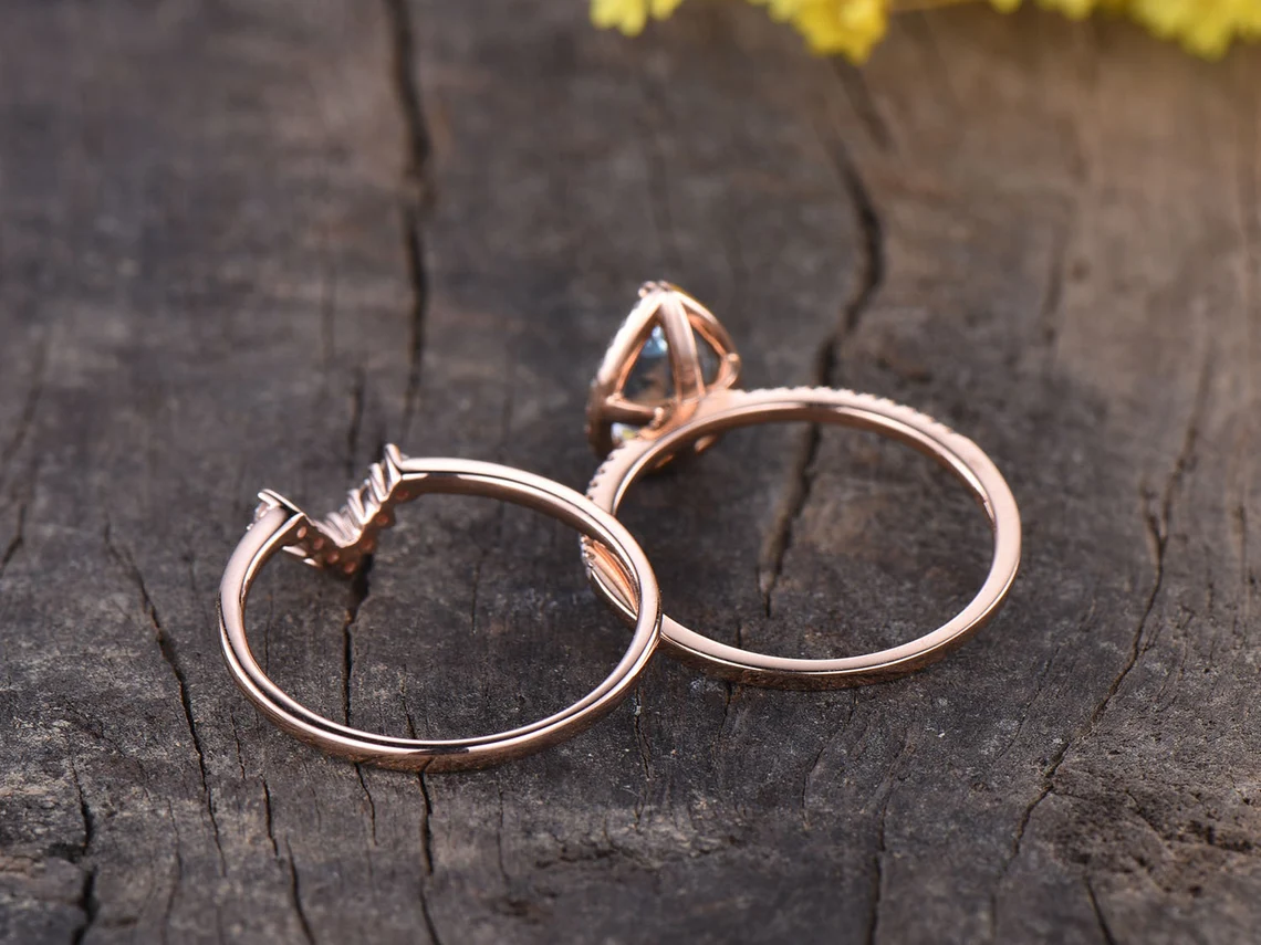 14K Rose Gold Pear Halo Aquamarine & Diamond Engagement Ring Set - 0.33ct Diamond Frame for Wedding, Proposal & Anniversary Gifts | Elegant Bridal Jewelry
