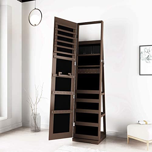 SogesPower 360° Rotatable Lockable Jewelry Cabinet with Dressing Mirror - Jewelry Armoire Organizer with Storage Shelf for Necklaces, Rings & Accessories - Perfect for Bedroom, Living Room & Entryway, Brown