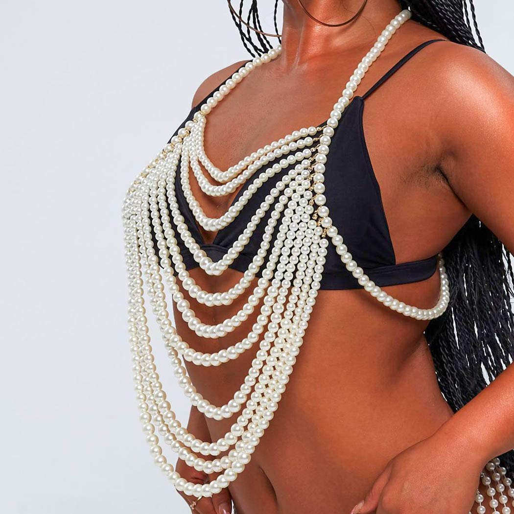 Sethain Pearl Crop Top - Sexy Pearls Chest Chain Bra in White | Women's Beach Body Jewelry Accessories for Bikini, Pool Party & Summer Fashion