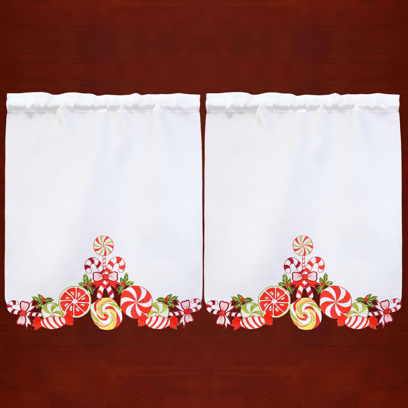Simhomsen Embroidered Candy Cane Christmas Kitchen Window Curtain Set - Holiday Swag & Tiered Valance for Festive Home Decor - Perfect for Holiday Kitchen, Dining Room & Christmas Party Decorations