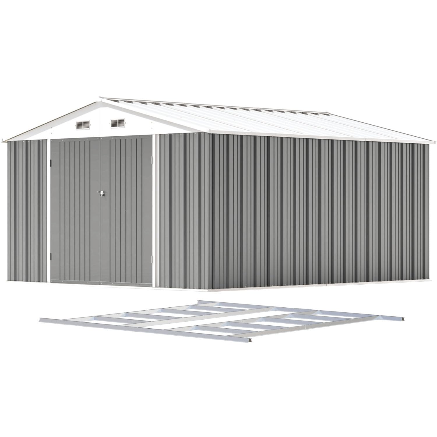 10x12 FT Outdoor Storage Shed with Floor Frame - Heavy Duty Metal Garden Tool Shed with Sloping Roof & Double Lockable Doors - Perfect for Backyard, Patio, Lawn Equipment & Seasonal Storage (Grey)