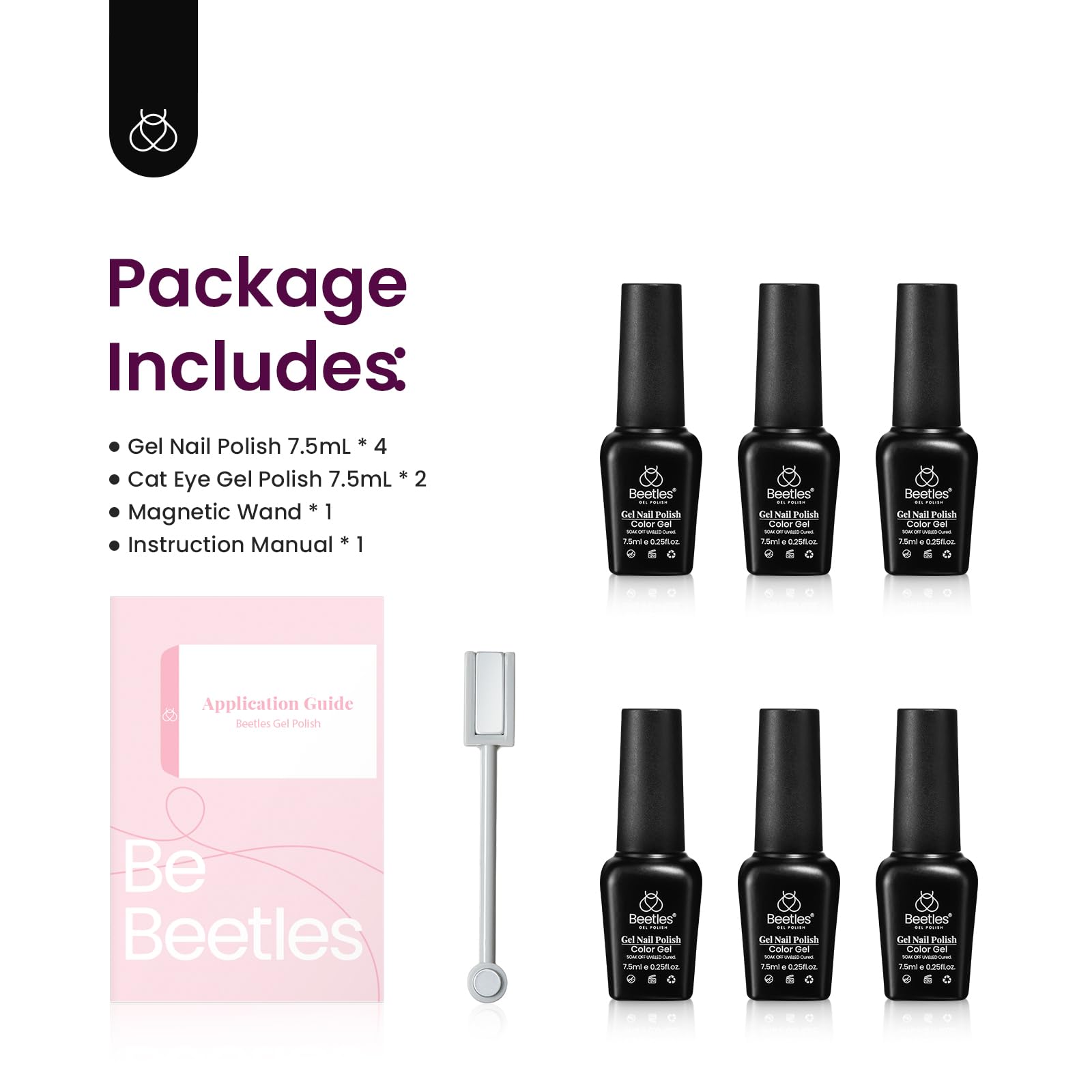 Beetles Cat Eye UV Gel Nail Polish Set - 6 Colors (Purple Glitter, Nude Sparkle, Champagne, Burgundy, Gold, Lavender) with Magnetic Effect - Professional Salon Quality Nail Art Design Kit - Perfect Gift for Women - Great for Home Manicures, Parties & Special Occasions