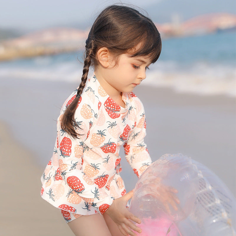 Girl's Strawberry Print Long Sleeve Two-Piece Swimwear Set with Free Cap - UPF 50+ Sun Protection for Toddler & Kids Beach, Pool & Summer Water Activities