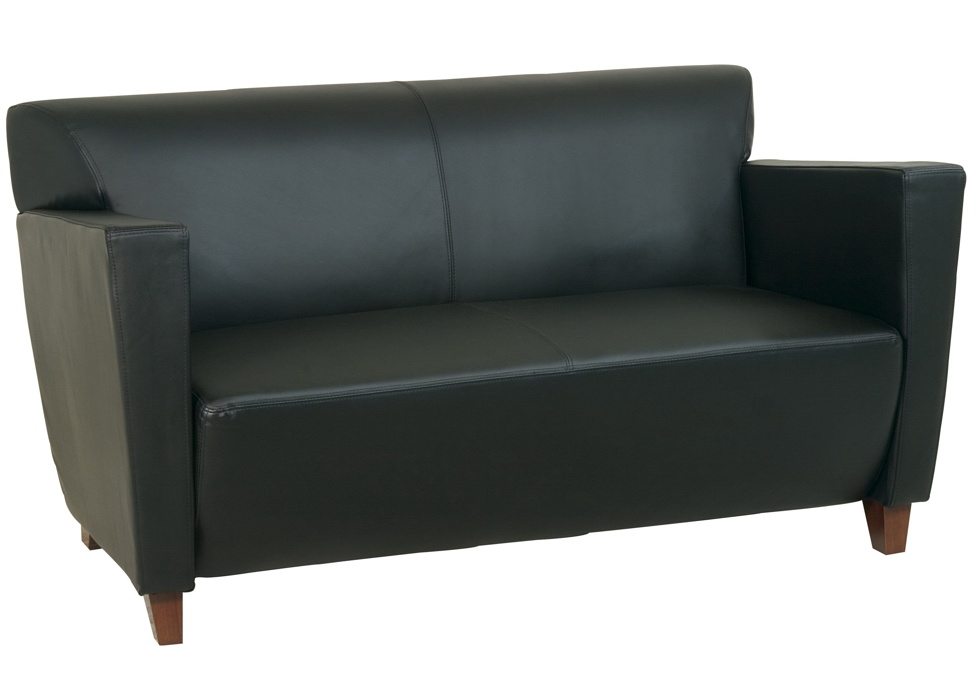 Premium Black Leather Office Loveseat with Cherry Wood Legs - Modern Executive Sofa for Home Office, Reception Area & Waiting Room [SL8472]