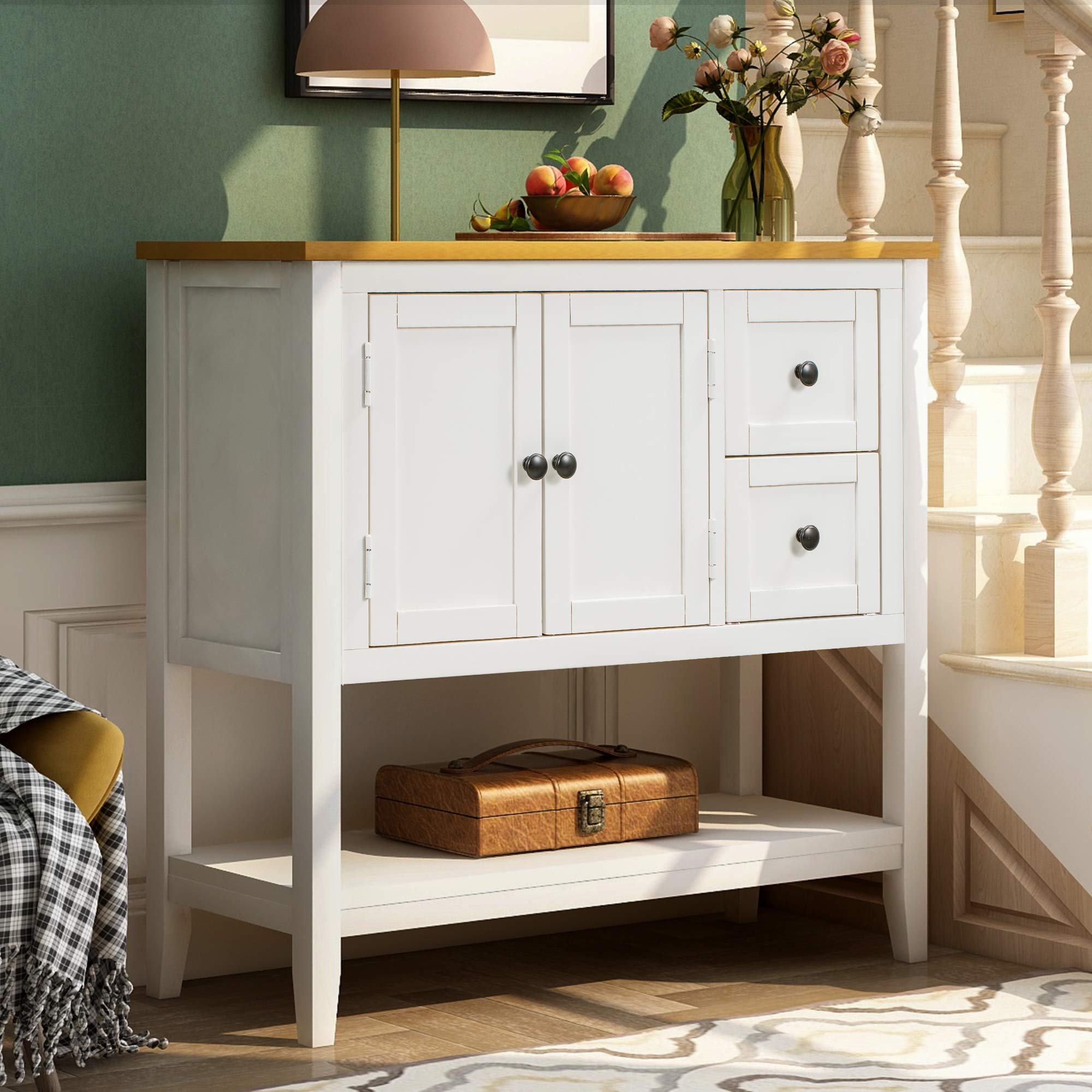 Modern Wood Console Table with 2 Drawers & Cabinet - Entryway Sofa Table for Living Room, Hallway - Classic Storage Shelf Design (White Brown) - Perfect for Small Spaces & Home Decor