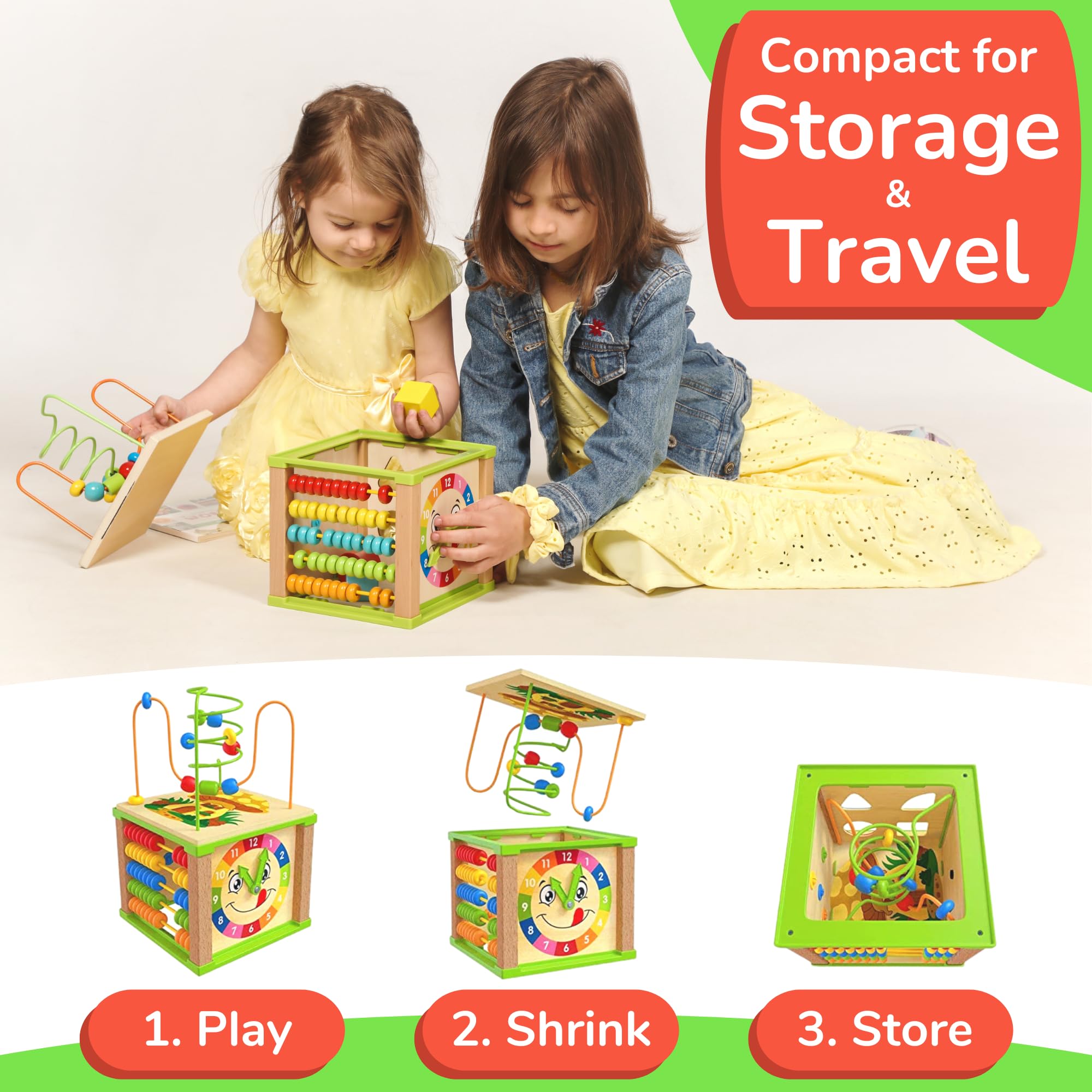 TOYVENTIVE Wooden Activity Cube - Montessori Educational Sensory Toy for Toddlers 1-2 Years Old | Learning & Development Toy for Baby Boys & Girls | First Words Book Included | Perfect Birthday Gift for Kids - Great for Playtime, Early Learning & Motor Skills Development