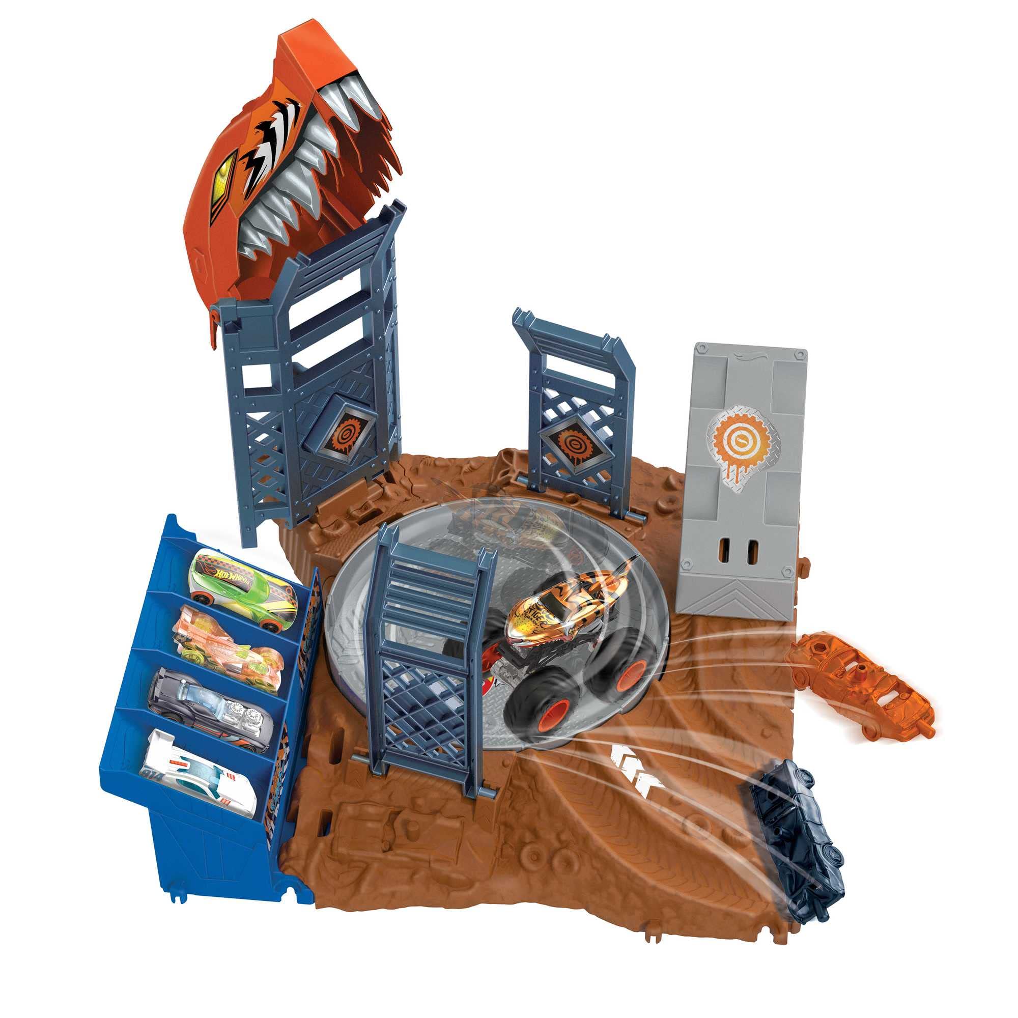 Hot Wheels Monster Trucks Competition Slip Set with 1/64 Scale Tiger Shark & 2 Crush Cars - Compatible with Other Sets, Kids Toy for Ages 4+ (HNB93) - Perfect for Playtime, Birthday Gifts & Collectors